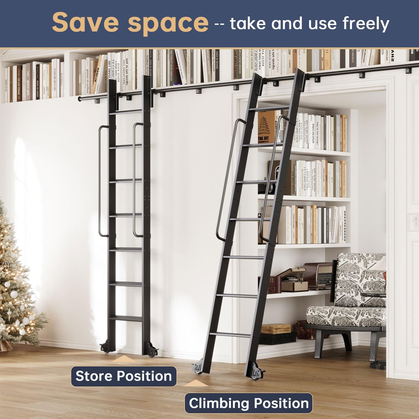CEAKIAN 9FT Aluminum Rolling Library Ladder with 4FT Sliding Hardware Kit,Telescopic Hook Track with Brake Wheel,8 Steps with Handrail,450lbs Capacity,Black,Easy Assembly,for Loft Bookcase Attic Home