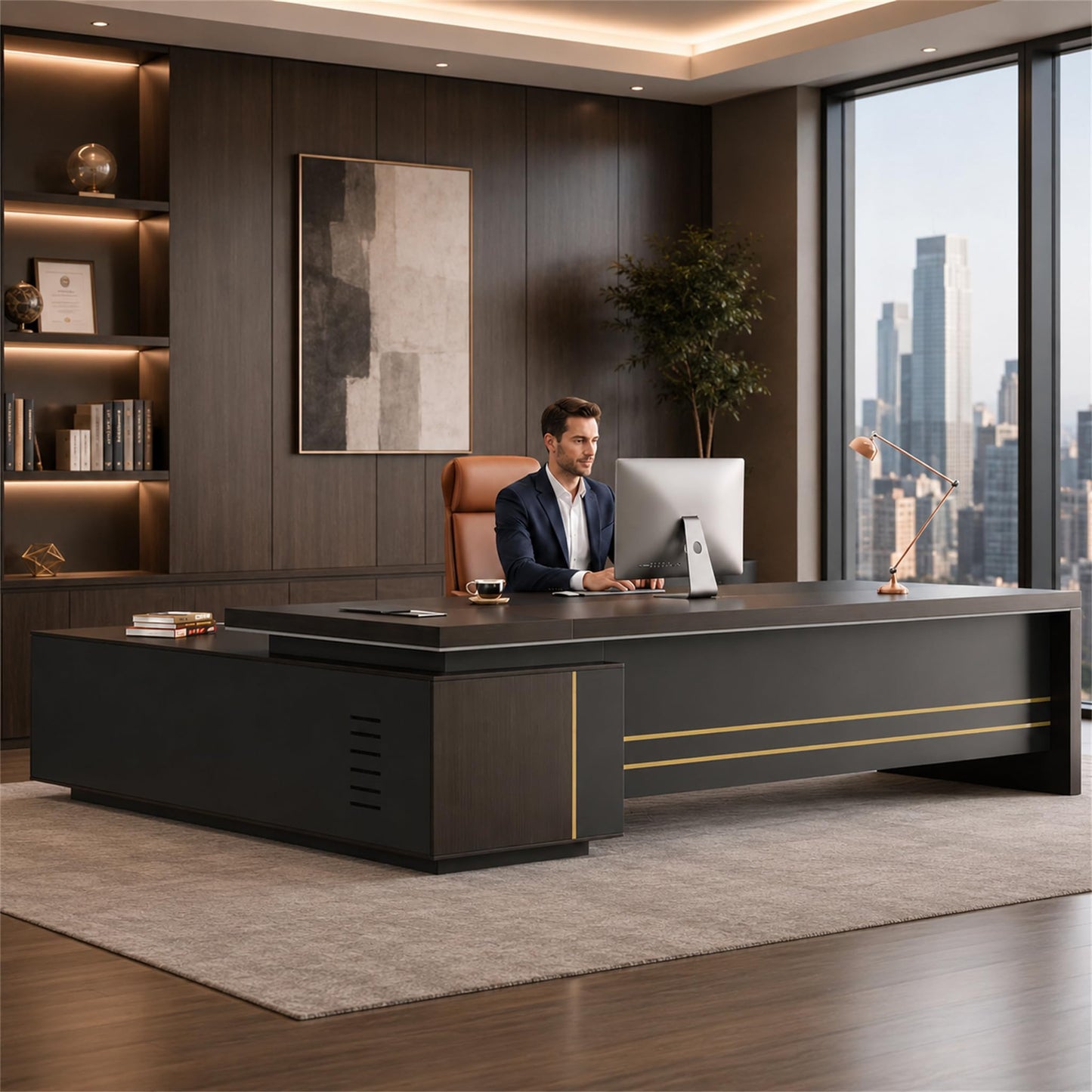Nuipesn 79-Inch Reversible L-Shaped Executive Desk with Drawers, Open Shelves, Power Outlet & USB Ports, Ventilated CPU Compartment, Large Home Office Desk, Obsidian Grey & Walnut, 79"L x 65"W x 30"H