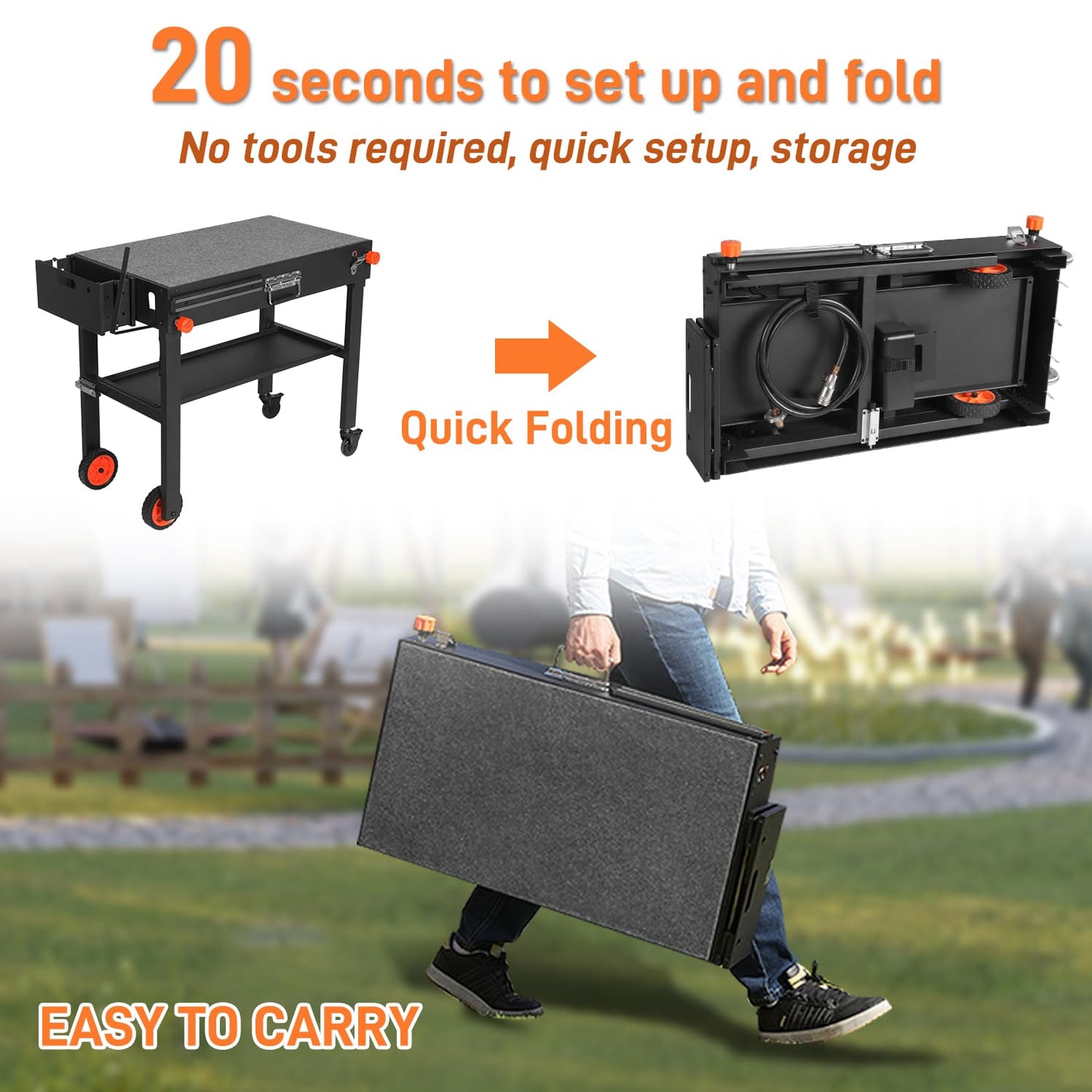 Outdoor Portable Grill Table Stand - Folding Prep Stand for 17" or 22" Blackstone Griddle, Large Space Blackstone Table with Wheels, Pizza Oven Cart for Ninja, Patio Grilling Backyard BBQ Grill Cart.