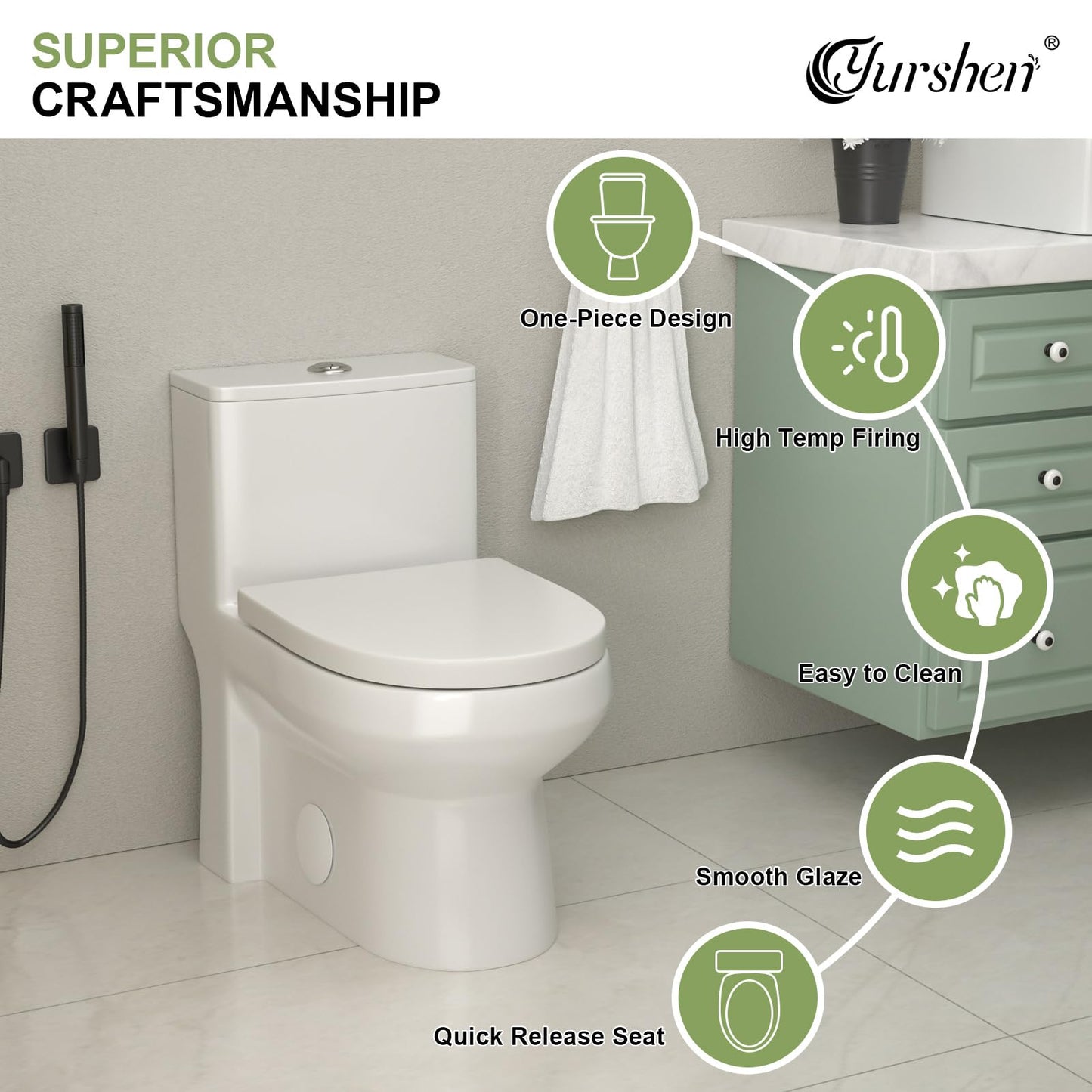 Yurshen 15.7" Elongated One Piece Toilet Compact for Small Bathroom Dual Flush 1.1/1.6 GPF, 12" Rough-in High Efficiency Flush, Standard White Bowl Ceramic- 24.7"D x 13.5"W x 28.2"H