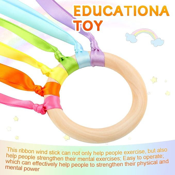 Junkin Ribbon Rings Hand Kite Waldorf Toys Dancing Wrist Ribbons Rainbow Streamers with Wood Ring Sensory Learning Educational Toy for Playroom Dancing Birthday Party Gift(Fresh,24 Pcs)