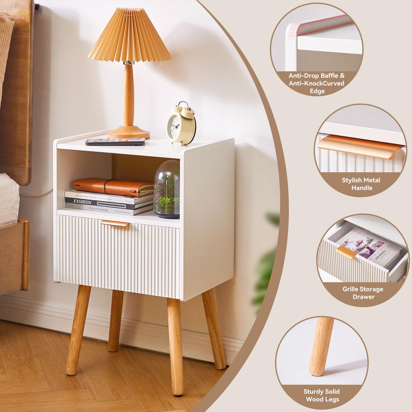 Aibiju Nightstand with Storage Drawer, Modern Bedside Table with Liner Drawer and Solid Wood Legs