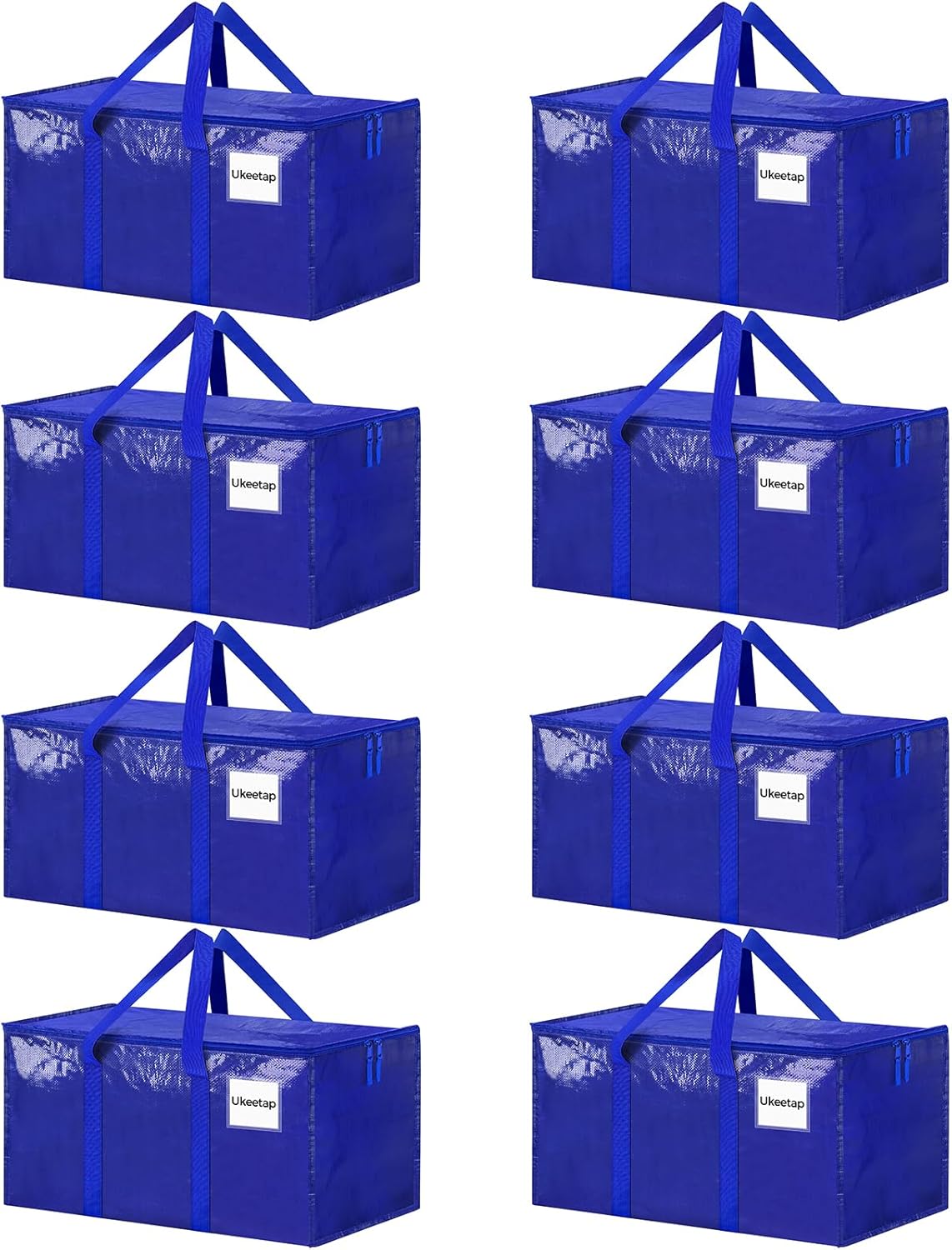 Skiennix Extra Large Heavy-Duty Moving Bags - 8 Pack with Reinforced Handles & Zippers | Blue Storage Totes for Clothes & College Supplies