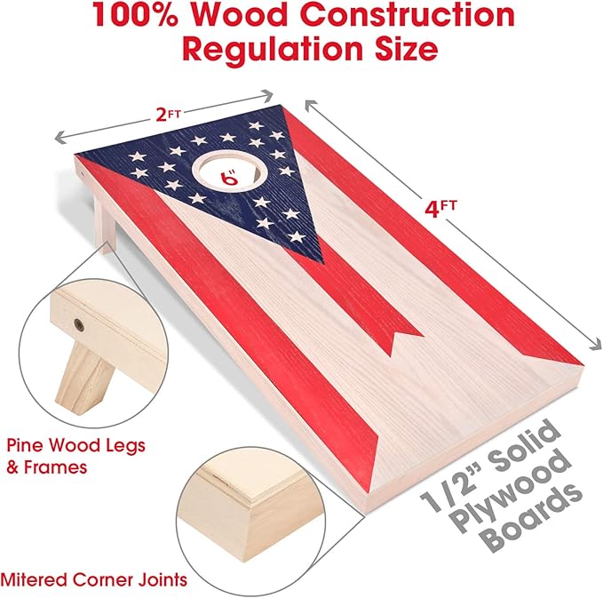 GoSports 4 x 2 ft Flag Series Wood Cornhole Sets – American Flag or State Flags – Includes 2 Regulation Size Boards, 8 Bean Bags, Carrying Case and Rules