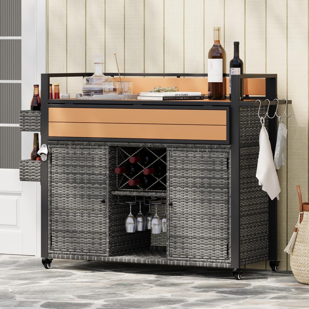 Dfchlda 52.8" Wicker Outdoor Grill Cart with Extended Plastic Wood Table Top, Rolling Kitchen Island with Storage Cabinet, Double Handle Design for Patio, Backyard, Garden, Poolside(Grey)