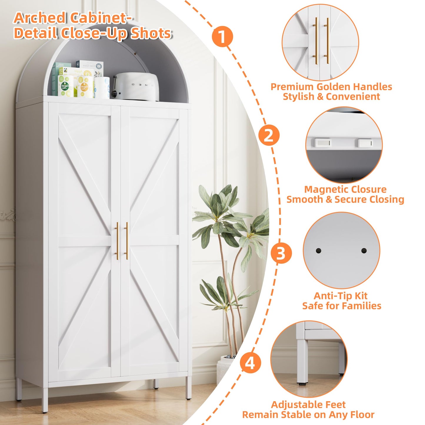 JAORD Arched Kitchen Pantry Cabinet with 6 Adjustable Shelves, Metal White Arched Cabinet with 2 Doors for Kitchen,Living Room, Assemble Required,15.4" D x 30.7" W x 72.8" H