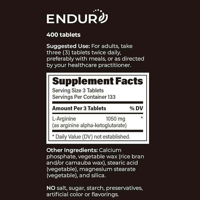 Endur L-Arginine, Healthy Blood Flow & Heart Function Supplement, Supports Exercise Performance & Immune Health, Gluten Free, 350mg (400 Tablets)