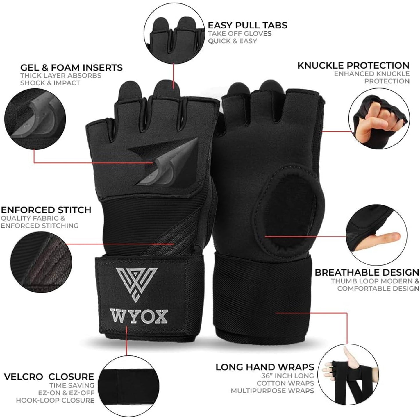 WYOX Gel Boxing Hand Wraps Inner Gloves for Men & Women, 80cm Quick Wrist Straps, Padded Knuckle Protection for Muay Thai Kickboxing, Hand Wraps for Boxing & Martial Arts (Black, S/M)