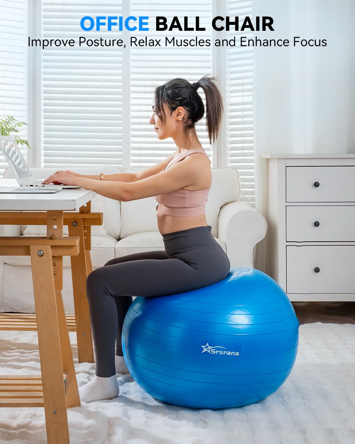 Srsrana Exercise Ball - Anti-Burst Yoga Ball for Pilates, Pregnancy & Core Stability - Ergonomic Office Desk Ball Chair & Physical Therapy Equipment, Quick Pump Included