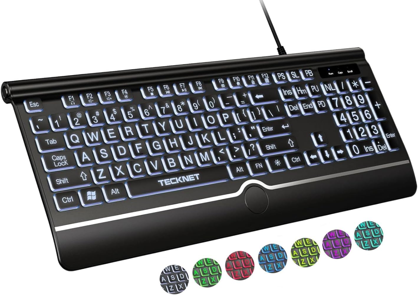 TECKNET 7-Color Large Print Backlit Keyboard, Wired USB-A Computer Keyboard with Wrist Rest, Backlit, Oversized Letter