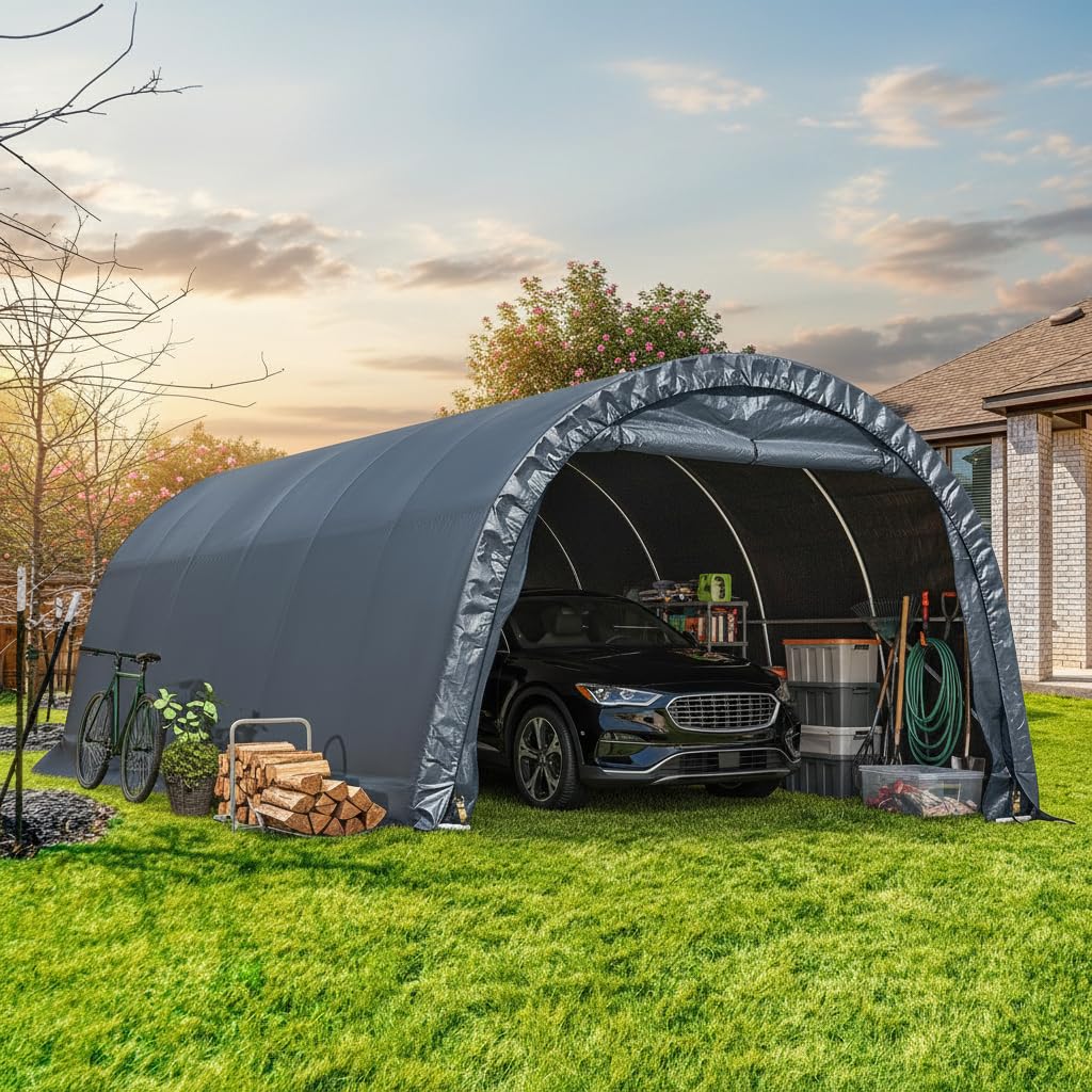 EROMMY 12 x 24 FT Heavy Duty Carport, Portable Garage with Reinforced All-Steel Frame and Round Style Roof, Anti-Snow All Covered Car Canopy Outdoor Waterproof Storage Shelter for Car, Truck, Boat