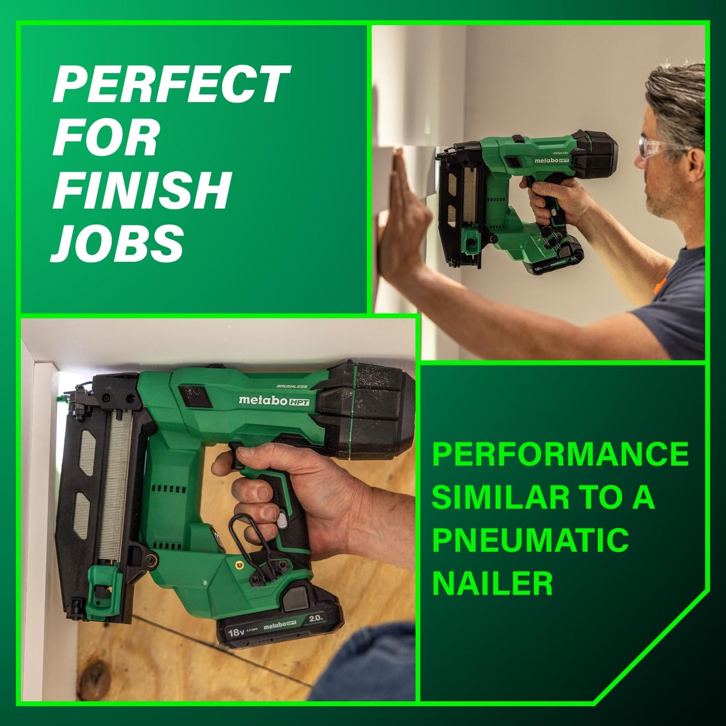 Metabo HPT 18V MultiVolt Brushless Pro 16-GA Straight Finish Nailer Kit, 16 Gauge Finish Nailer, Power Tool with 2.0Ah Lithium Ion Battery, 1" to 2-1/2" Nails, Powerful Brushless Motor, NT1865DSA