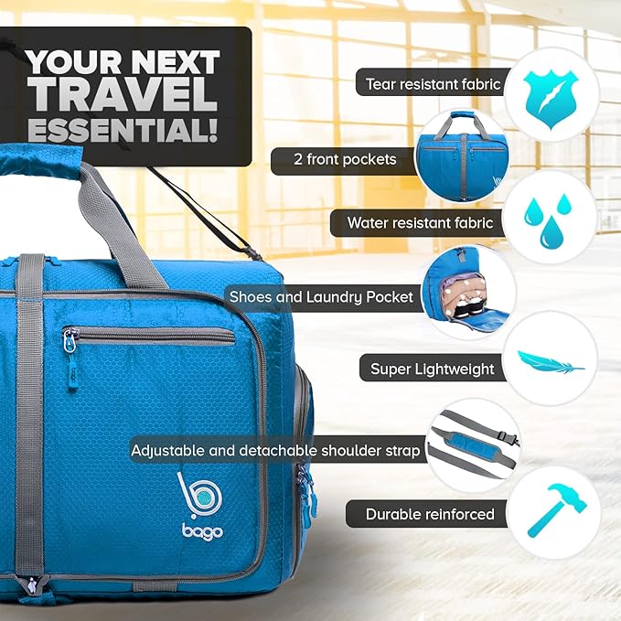 Bago Foldable Duffel Bags for Traveling Women & Men - 60L Medium Packable Duffle Bag for Travel with Shoe Compartment - Water Repellant, Heavy Duty, Lightweight Folding & Collapsible (Blue)