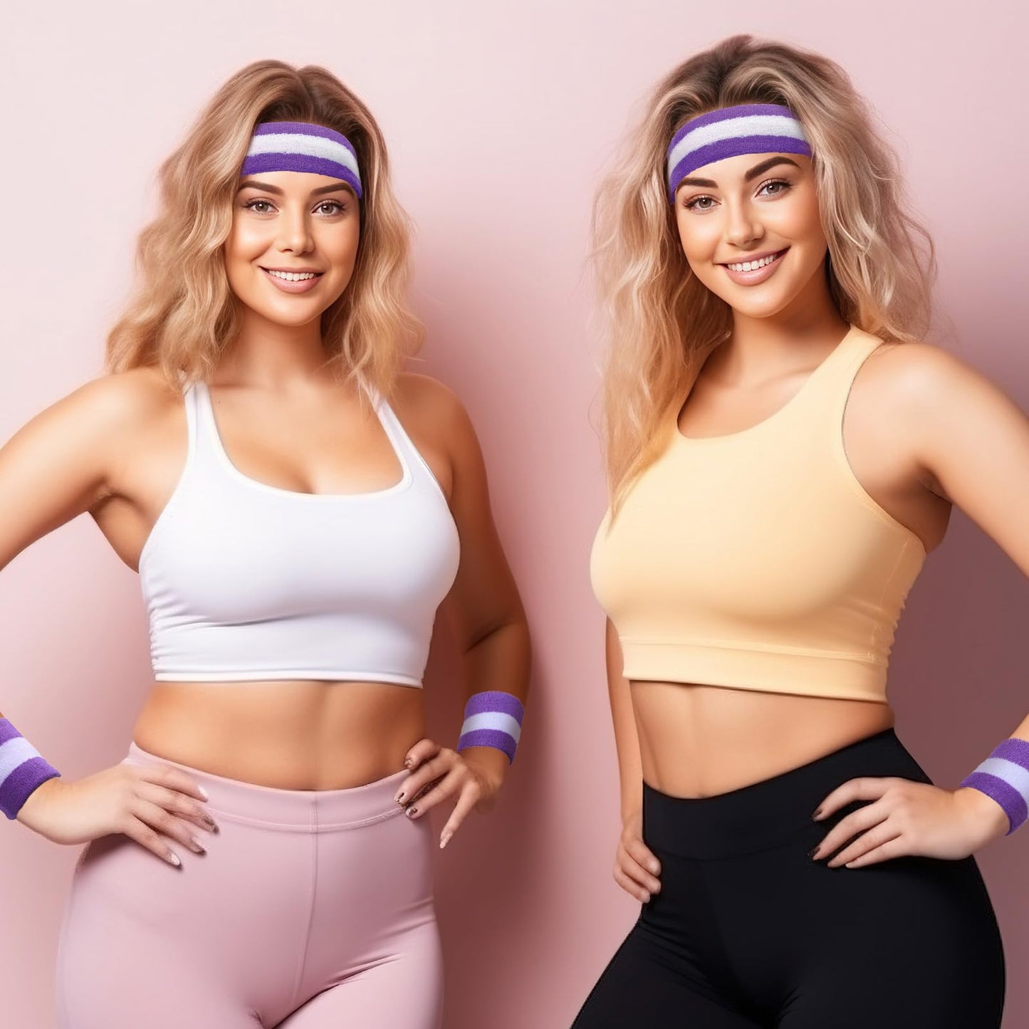 Bememo 6 Pcs Neon Sweatbands Set for Men Women 80s Tennis Striped Headband Sports Wristband Set Costumes Glow Cosplay Party(Purple and White)