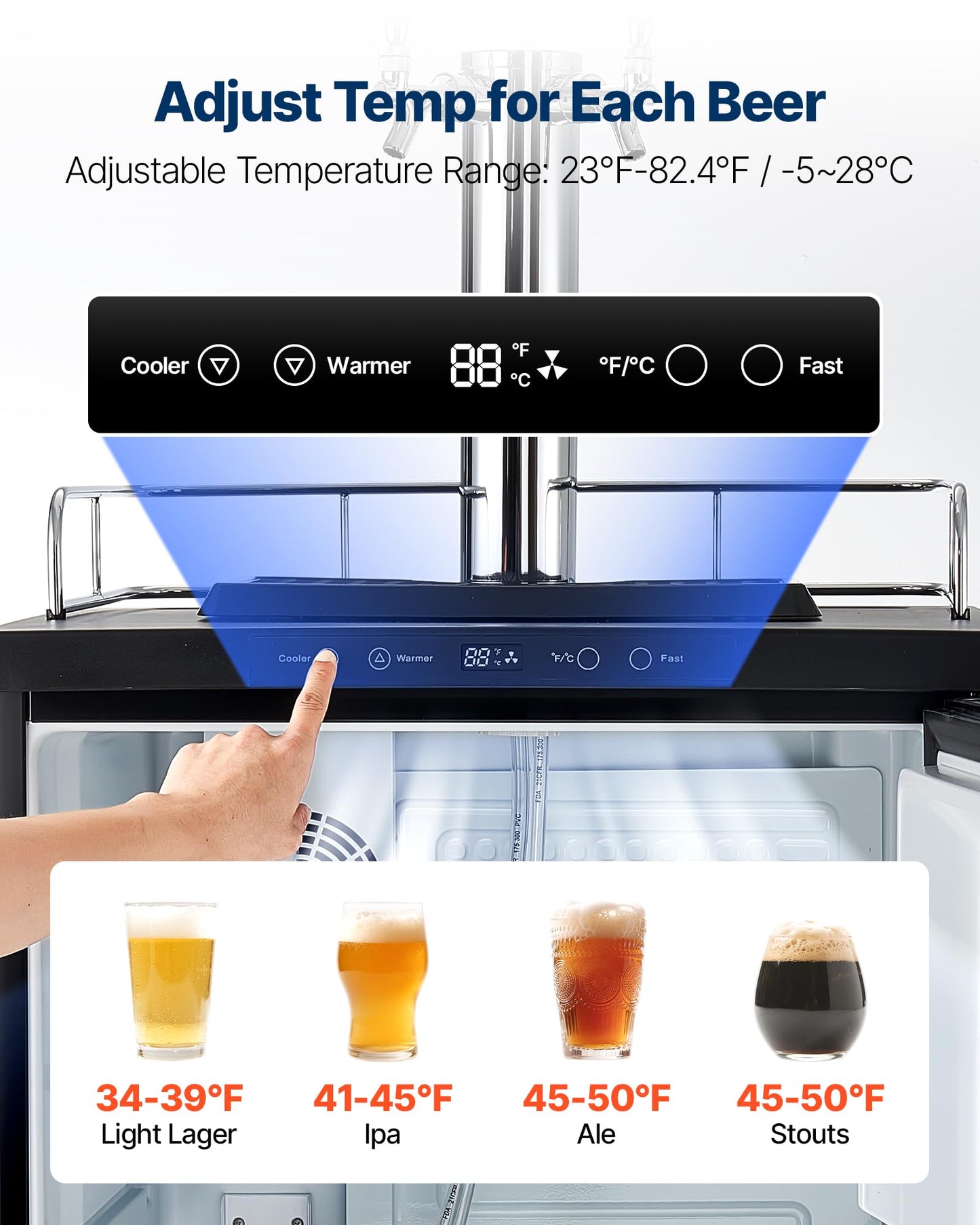 VEVOR Beer Kegerator, Triple Tap Commercial Draft Beer Dispenser for D system, Full Size Keg Refrigerator with 5lbs CO2 Tank, Hold 3 Sixth/2 Slim/3 Ball lock keg (3 taps - ball lock)
