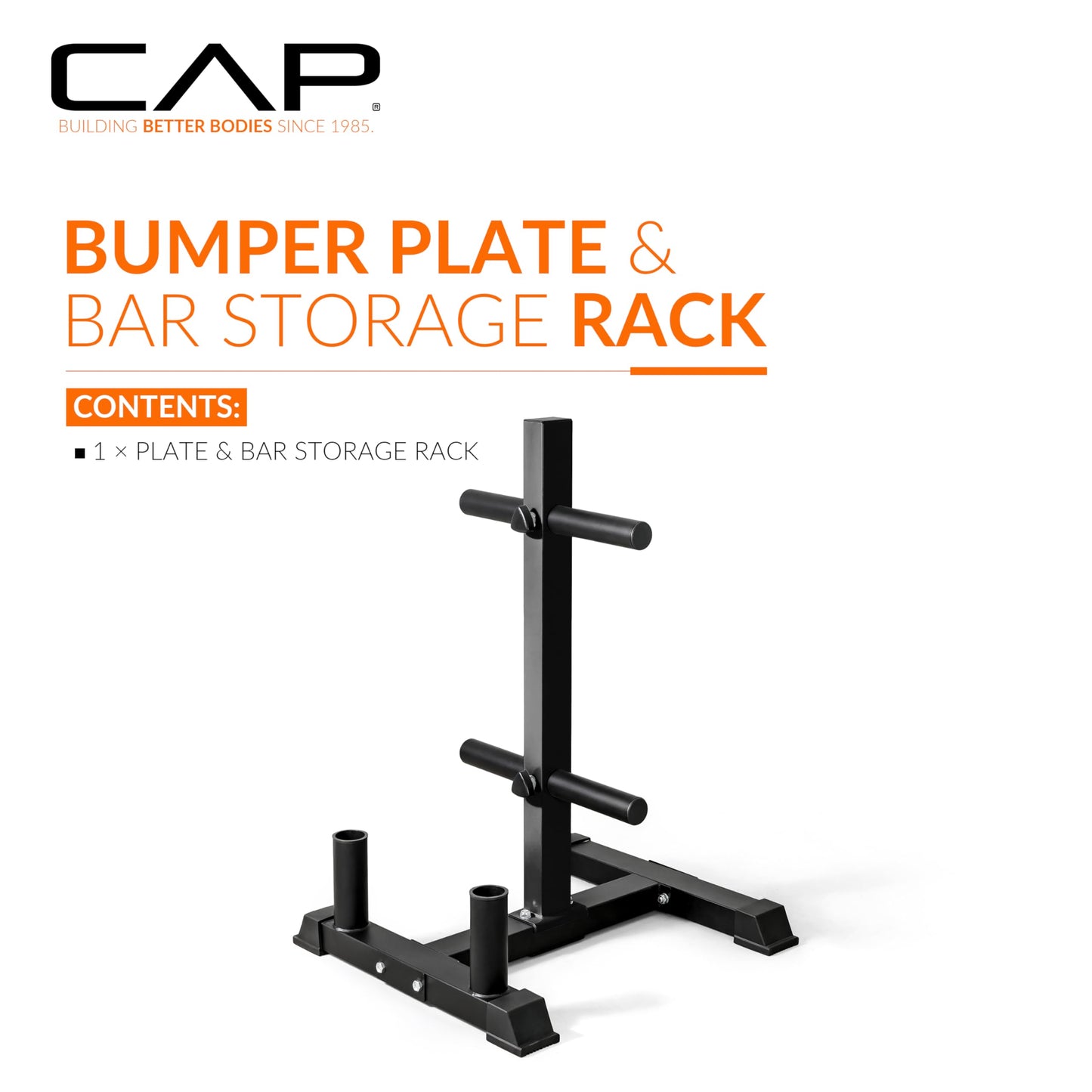 CAP Barbell Olympic Bumper Plate Tree Rack with 4 Weight Plate Posts and 2 Barbell Storage Holders – Heavy-Duty Steel Gym Organizer for Olympic Plates and Bars - Black