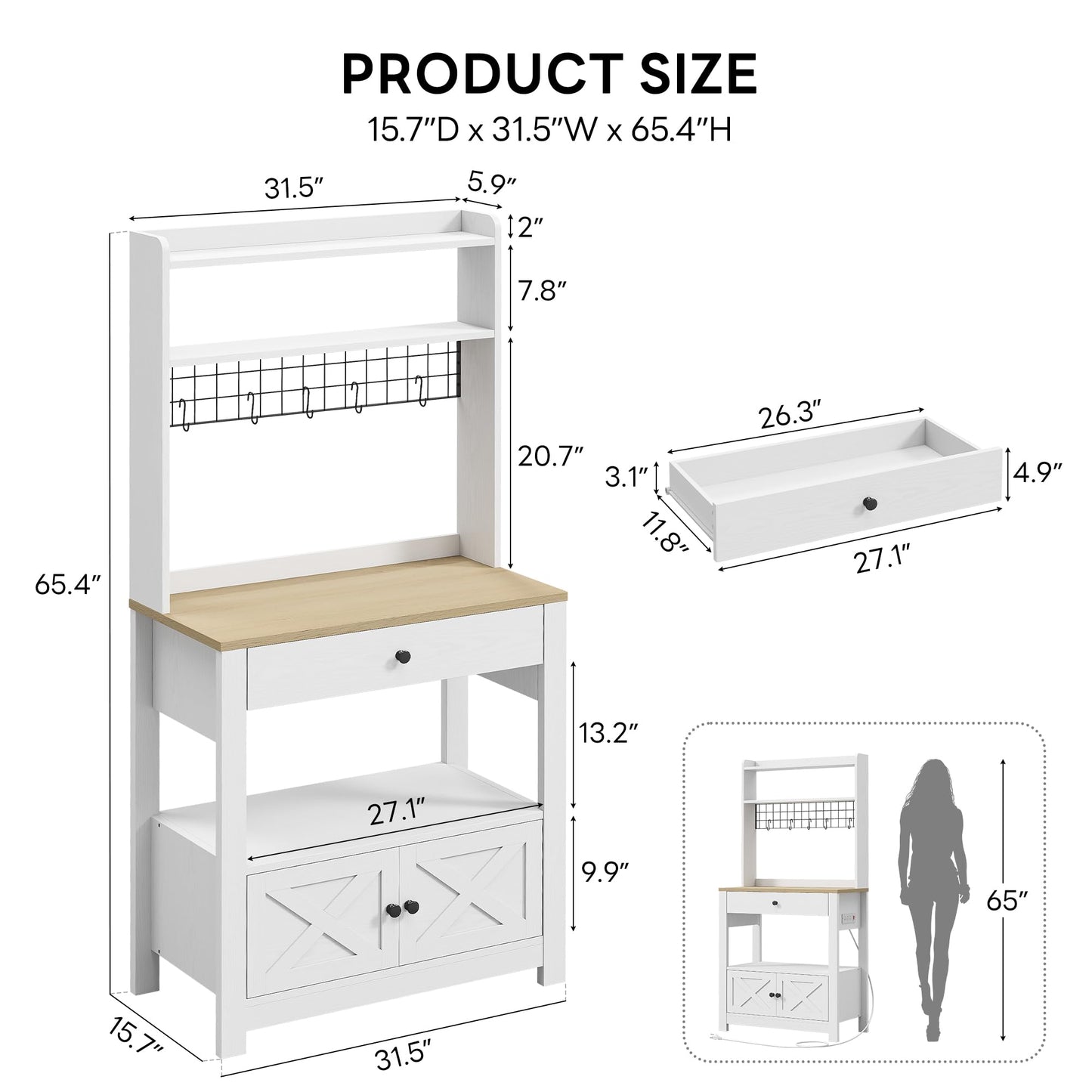 LIKIMIO Baker Rack with Spill-Safe Power Outlet & Drawer, Coffee Bar Cabinet with Storage, Farmhouse Microwave Stand with Hutch and 5 Hooks for Kitchen, White