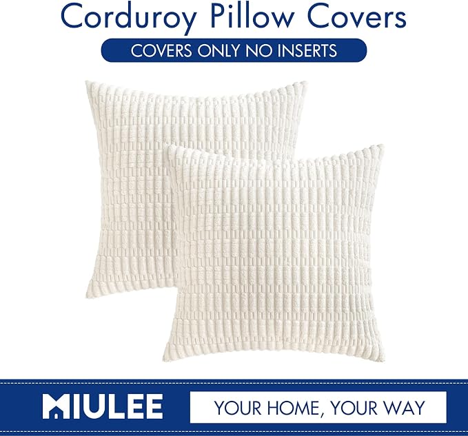 MIULEE Pack of 2 Corduroy Decorative Throw Pillow Covers 20x20 Inch Soft Boho Striped Pillow Covers Modern Farmhouse Home Decor for Sofa Living Room Couch Bed Pure White