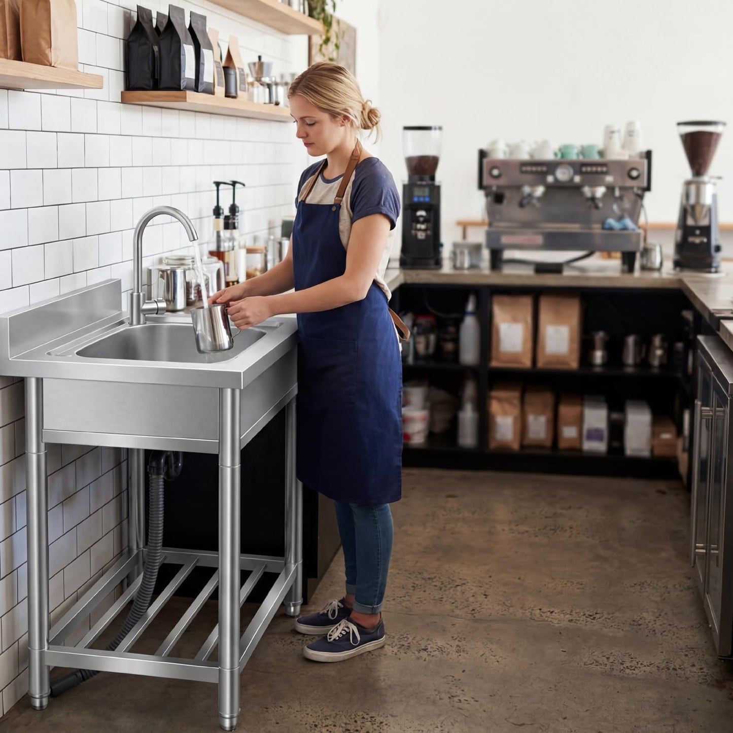 Free Standing Stainless-Steel Single Bowl Commercial Restaurant Kitchen Sink Set w/Faucet, Prep & Utility Washing Hand Basin w/Storage Shelve, laundry tub for Indoor Outdoor (22in)