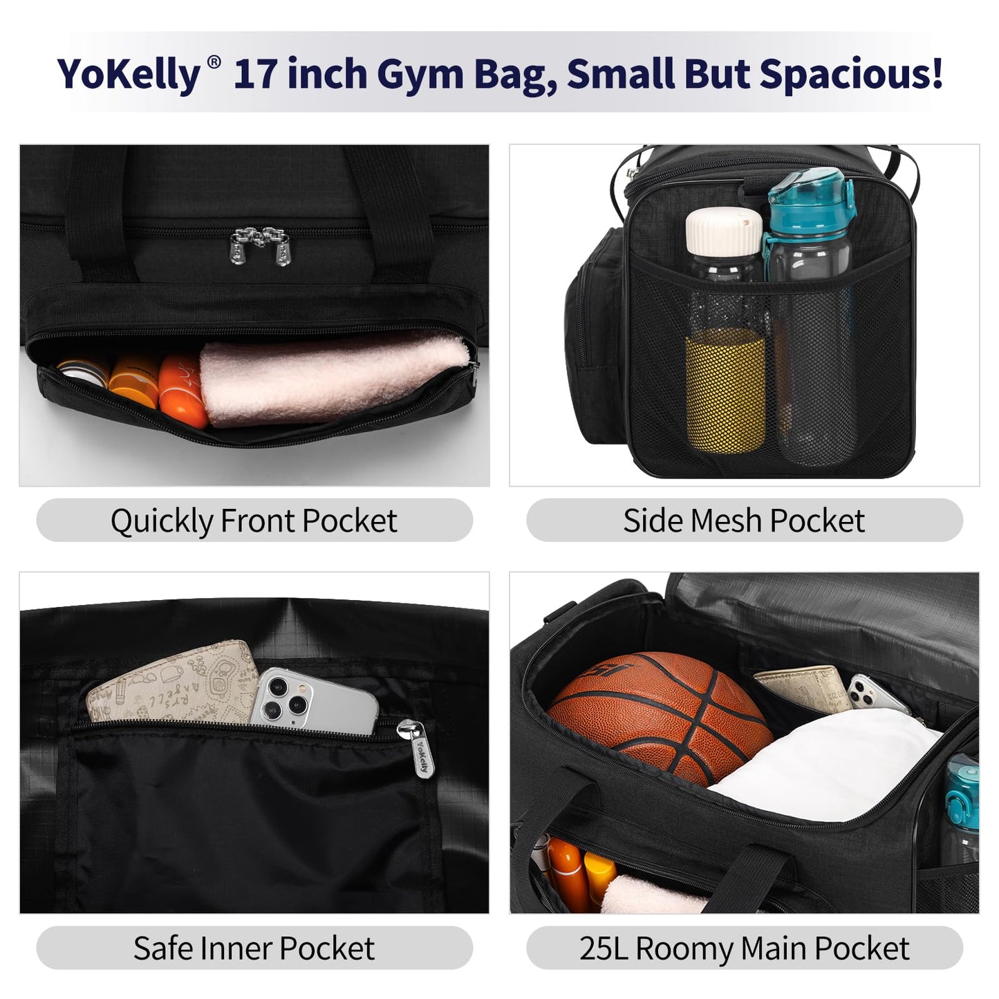 YoKelly 25L Small Gym Sport Duffle Bag - 17 Inch Weekender Overnight Bag for Travel, Workout, Fitness - Black