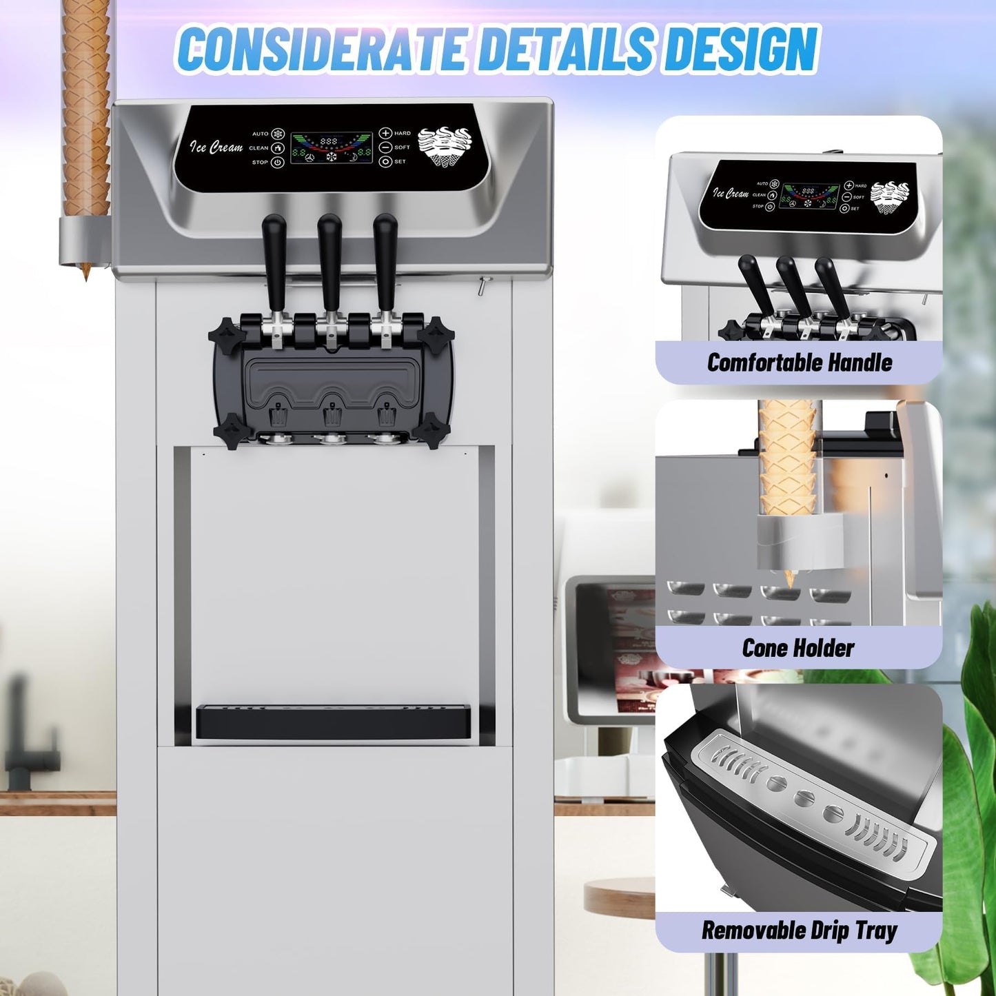 Commercial Soft Serve Ice Cream Machine 2200W, 5.8-8 Gal/Hr Yield, 2+1 Flavor with 2x7L Hopper & 3 Dispensers, Auto Clean & LCD Display for Restaurant Bars