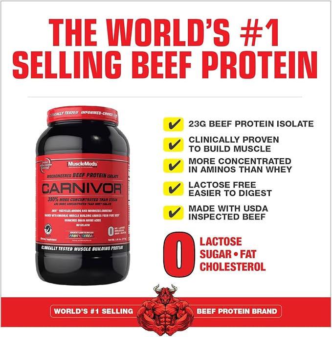 MuscleMeds CARNIVOR Beef Protein Isolate Powder, Muscle Building, Recovery, Lactose Free, Sugar Free, Fat, Free, 23g Protein, Fruity Cereal, 28 Servings