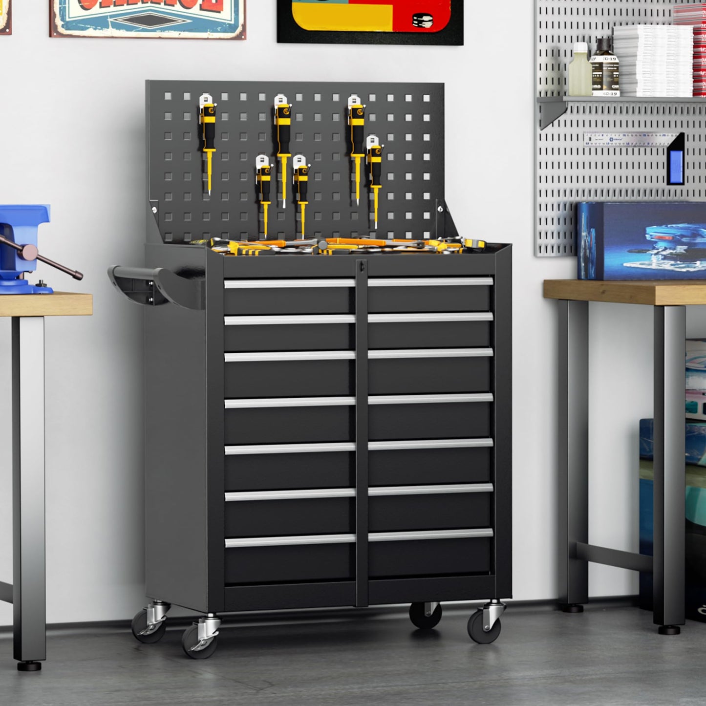INTERGREAT 7 Drawers Rolling Tool Chest with Pegboard, Metal Tool Chest with Drawers, Tool Storage Cabinet with Wheels for Garage, Workshop, Repair Shop, Black