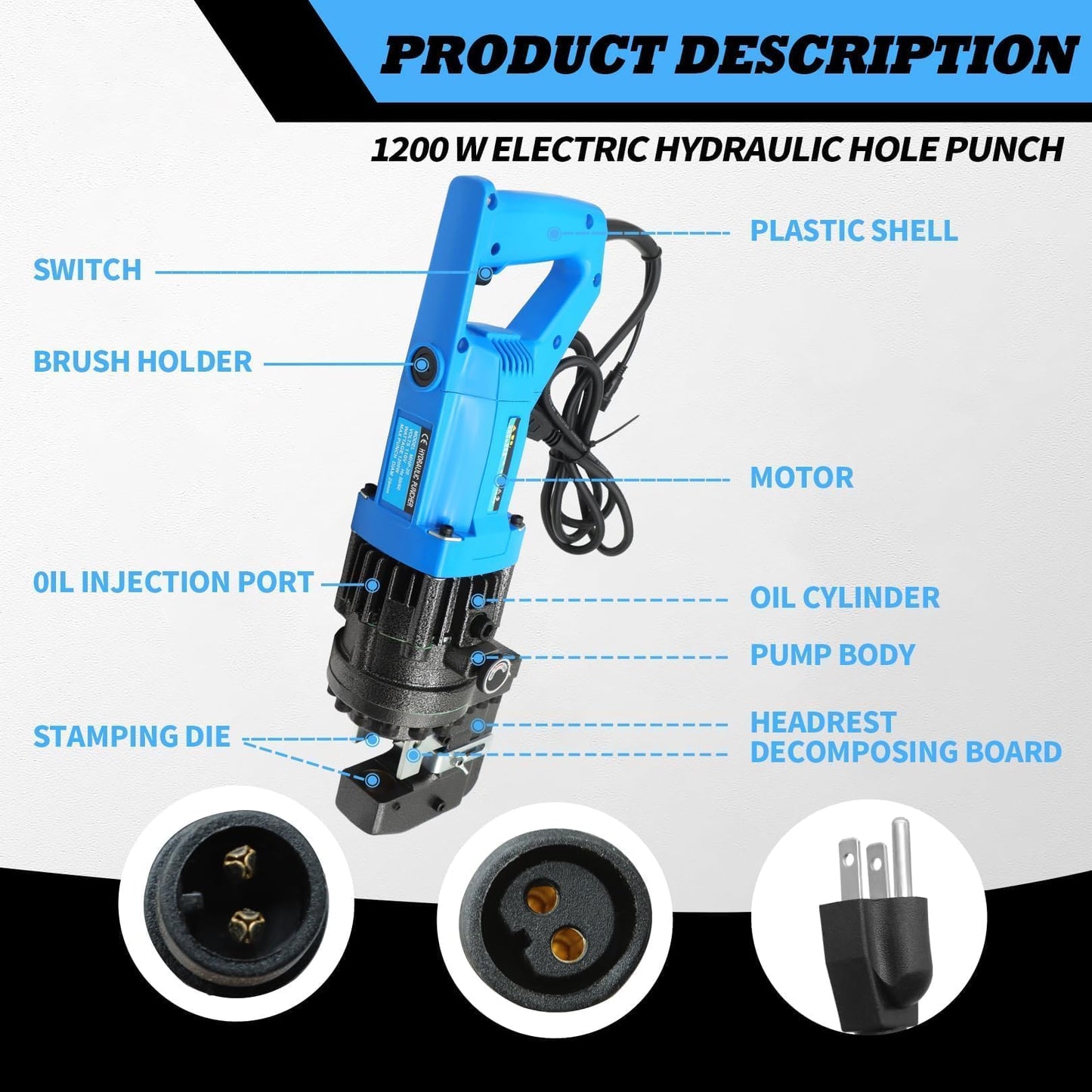 Jecoupoon 1200W 110V Electric Hydraulic Hole Punch Hydraulic Hole Punching Tool Metal Punch Compatible with Steel Copper Aluminum Iron Alloy (Upgrade Version)