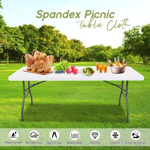 fani 12 Pcs Spandex Picnic Table Cloth, Elastic Fitted Tablecloths for 8 Foot Rectangle Tables, Washable Patio Table Top Cap Cover for Indoor, Outdoor, Camping, Banquet, Parties (White, 30"x96")