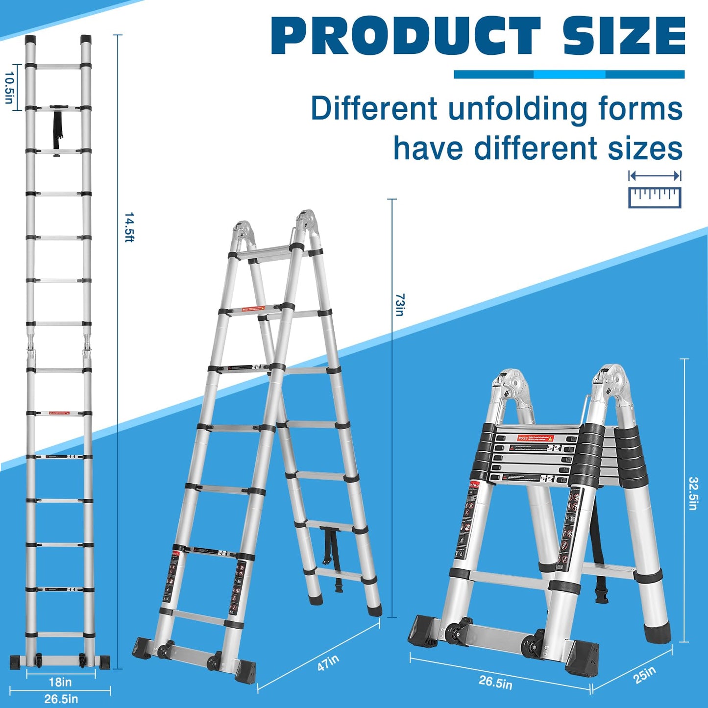 Wolec 14.5FT A Frame Telescoping Extension Ladder with Balance Bar & Wheels, Multi-Purpose Heavy Duty Aluminum Alloy, 330 lbs Max Capacity, Non-Slip, Ideal for Home and Outdoor Work, Silver