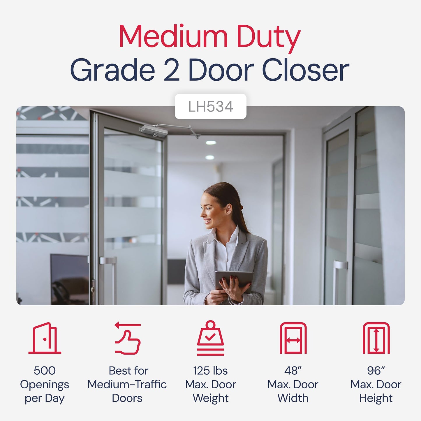Lawrence Medium Duty Commercial Automatic Door Closer - Surface-Mounted Auto Door Closer for Home, Garage & Light Commercial Door Use - Embassy Series LH534