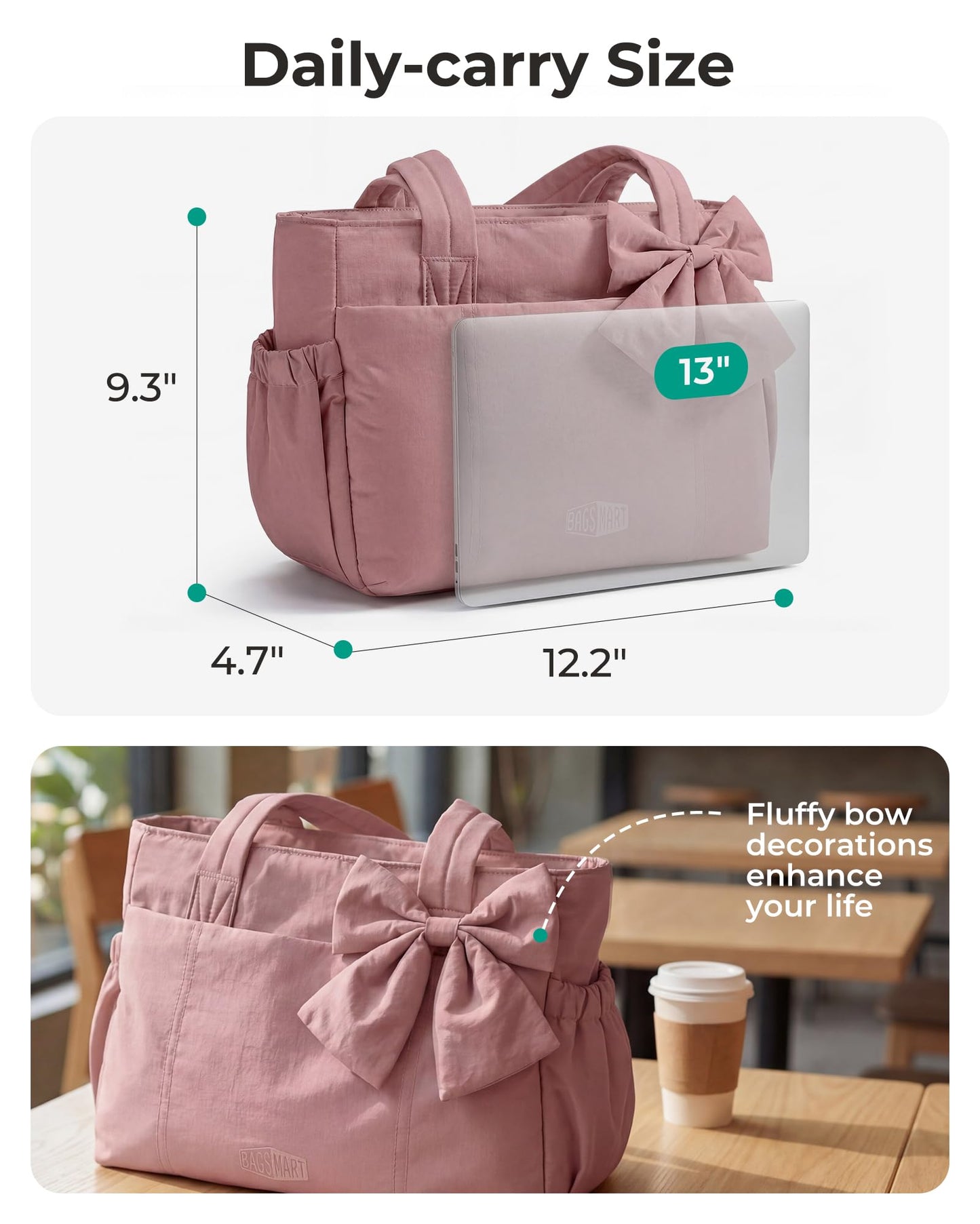 BAGAMSRT Crush Bow Tote Bag for Women, Large Work Tote with 40oz Tumbler, Puffer Travel Tote Bag for Work
