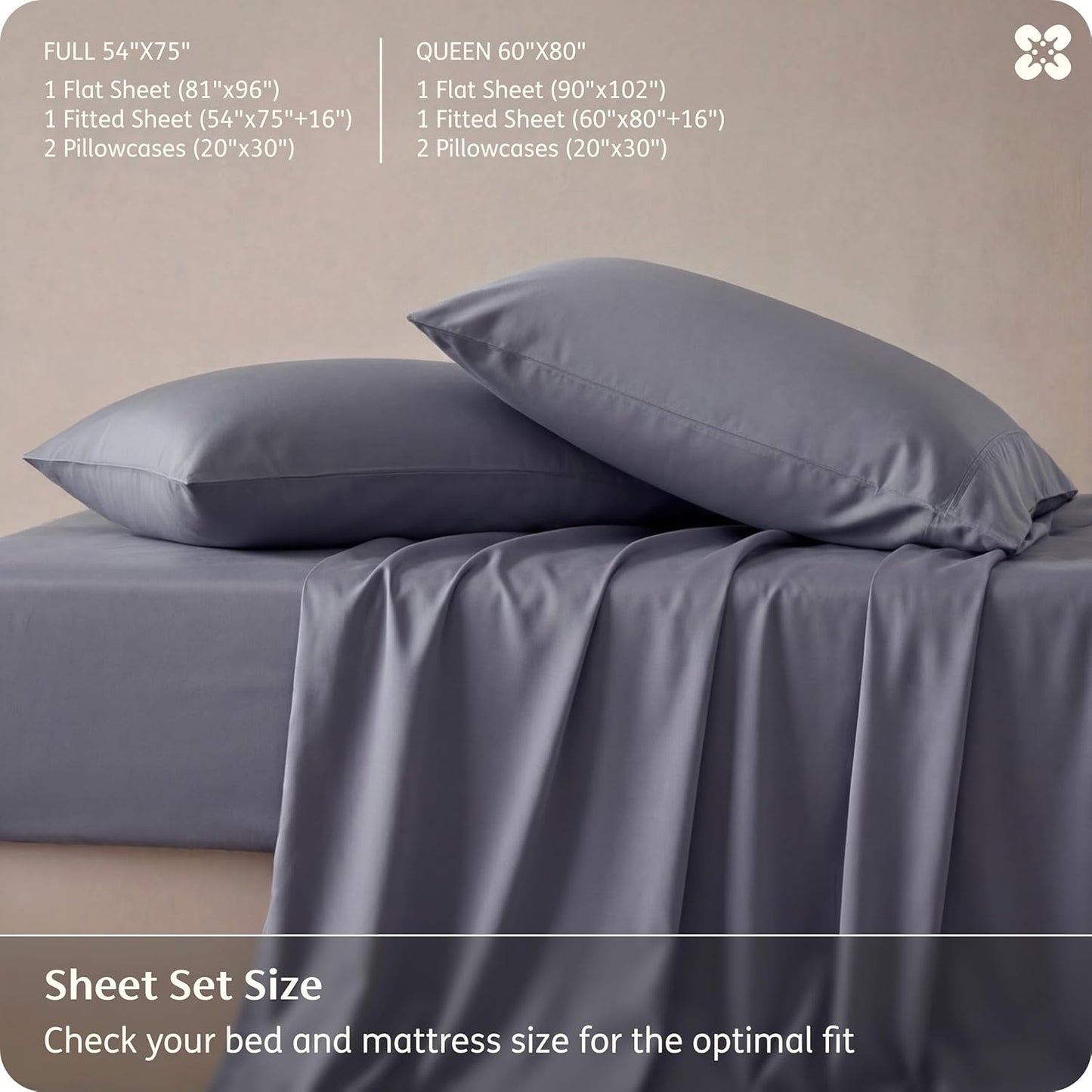 Bedsure Queen Sheet Set - Cooling Bamboo Rayon Sheets | Breathable & Soft | Deep Pocket Up to 16" | Dark Grey
