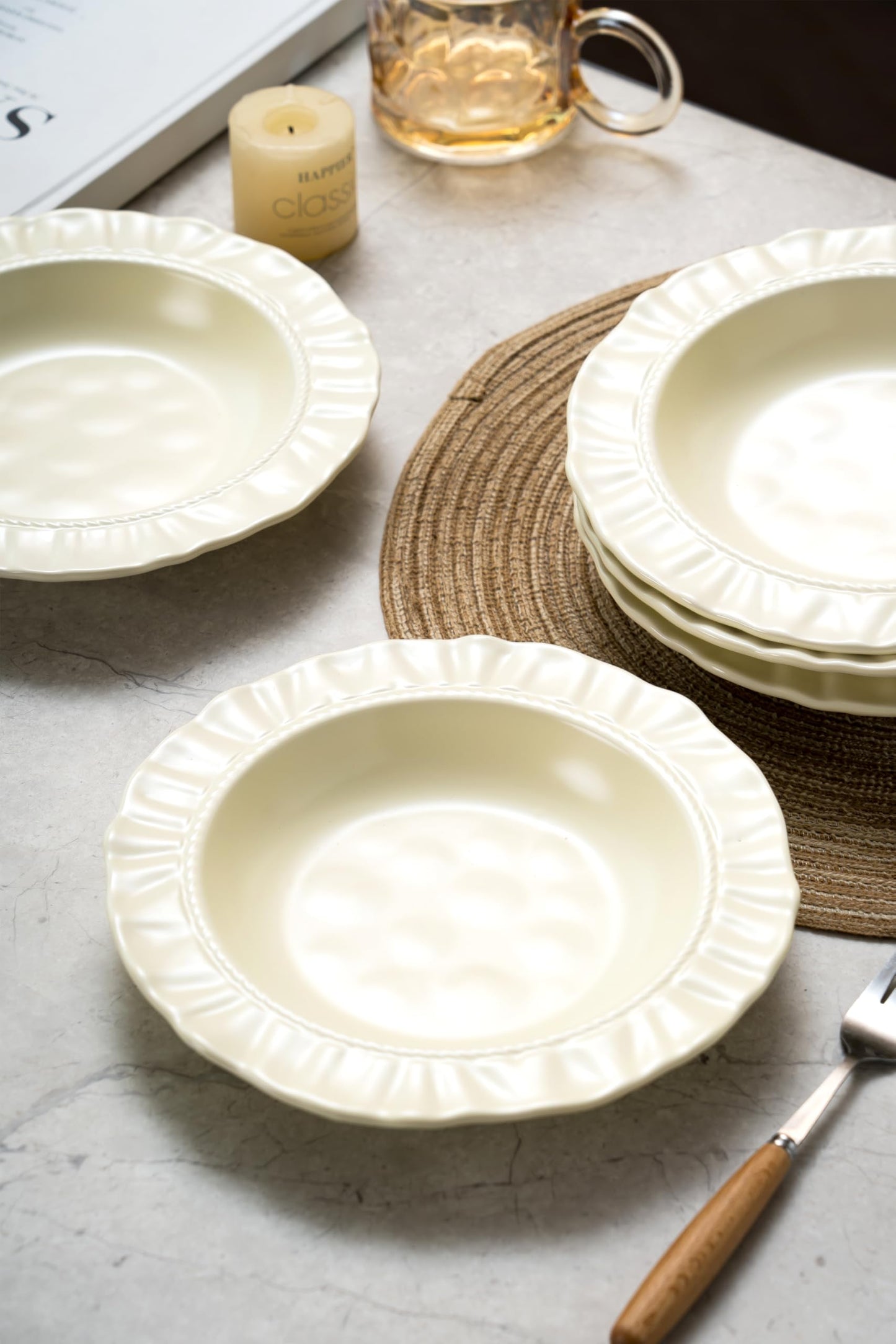COIKZLY Ceramic Soup Bowls 8.6 in, Pasta Bowls & Plates, Cream color Floral-Embossed Wide Rim Shallow Bowls Set of 2, Italian Carving Design, Matte Finish Porcelain, Microwave & Dishwasher Safe