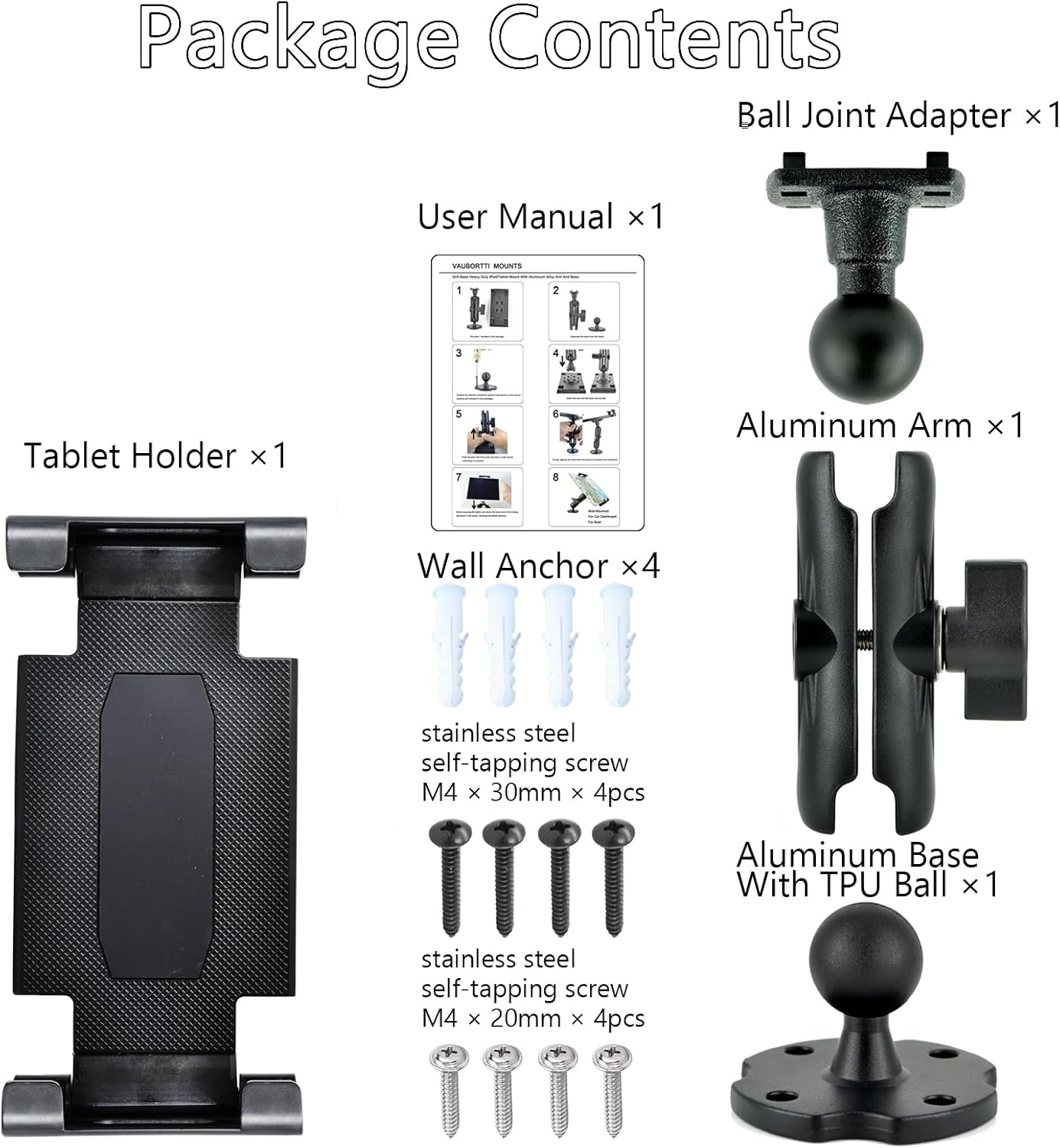 VAUBORTTI 6.5"-12.9" 1 inch/25mm Aluminum Arm Heavy Duty Tablet Mount Drill Base - for Tablet iPad Pro/Mini, iPad