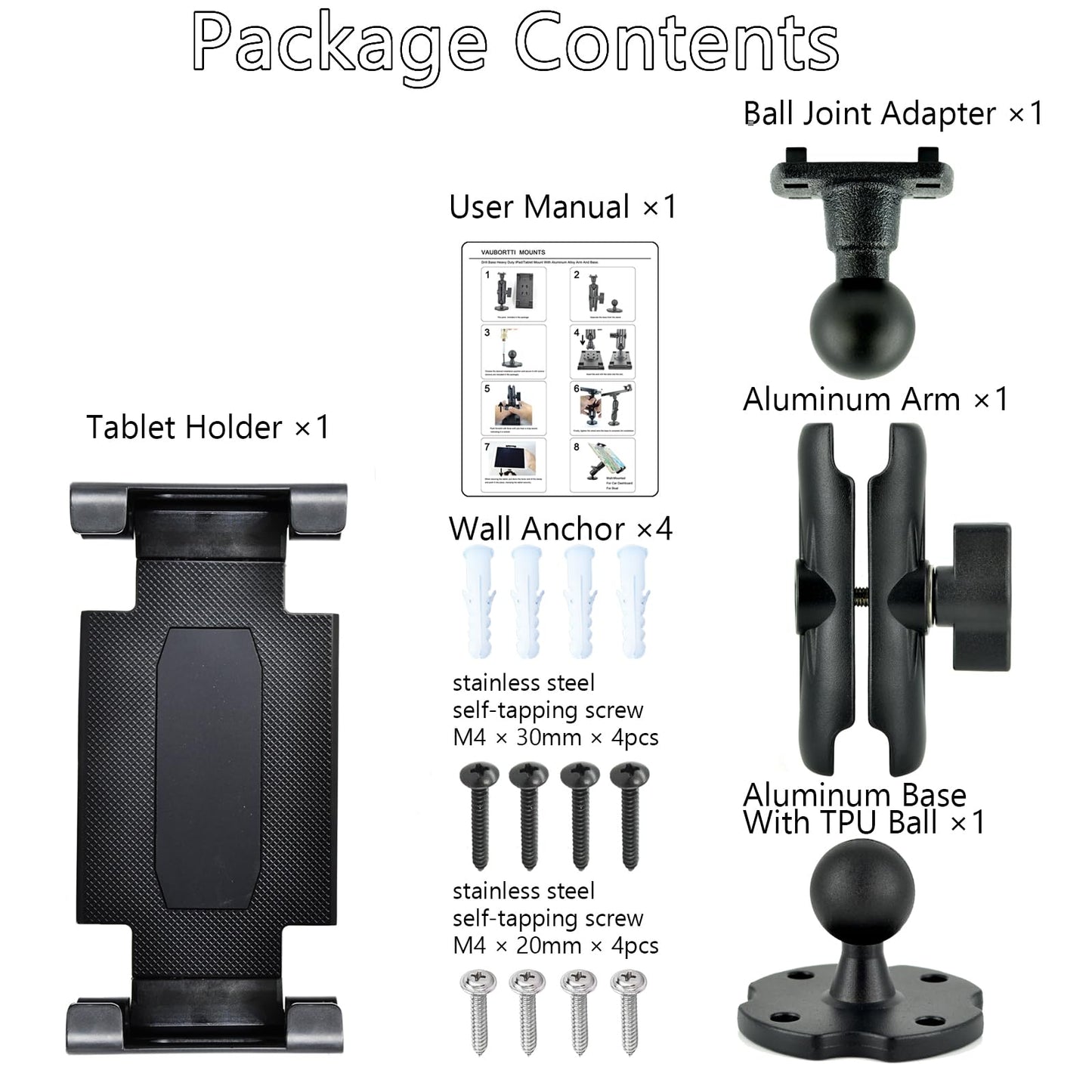 VAUBORTTI Aluminum Arm Heavy Duty Tablet Mount Drill Base - for 6.5"-12.9" Tablet iPad Pro/Mini, iPad Holder for Truck, Car,Dashboard,Desk,Wall-Swivel with 1 inch/25mm Ball Joint