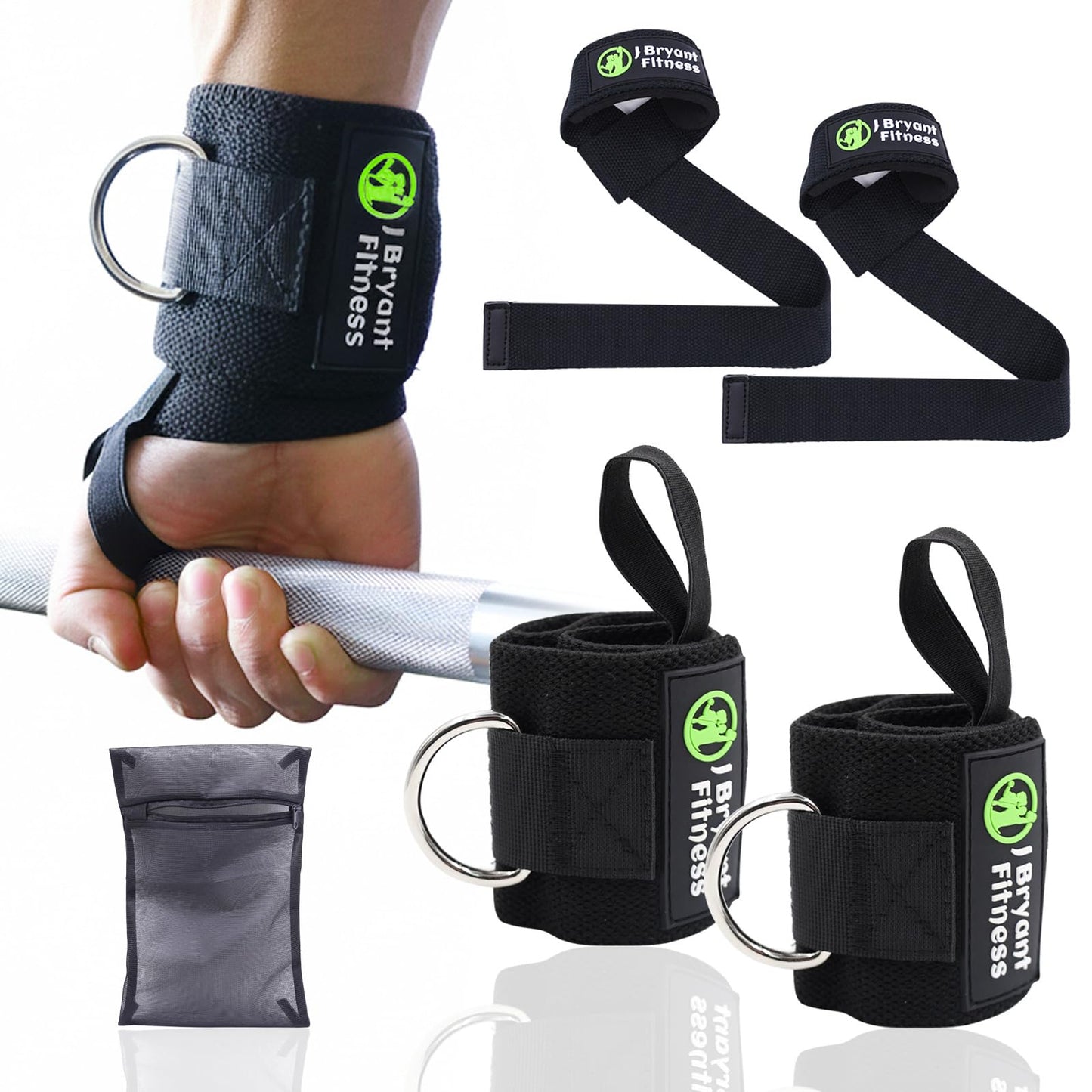 Weightlifting Wrist Wraps with D-Ring for Cable Machine, Lifting Straps & Mesh Laundry Bag, Heavy Duty Gym Training Support for Deadlifts, Pulling, Rows, Strength Training – Washable Odor-Control Set
