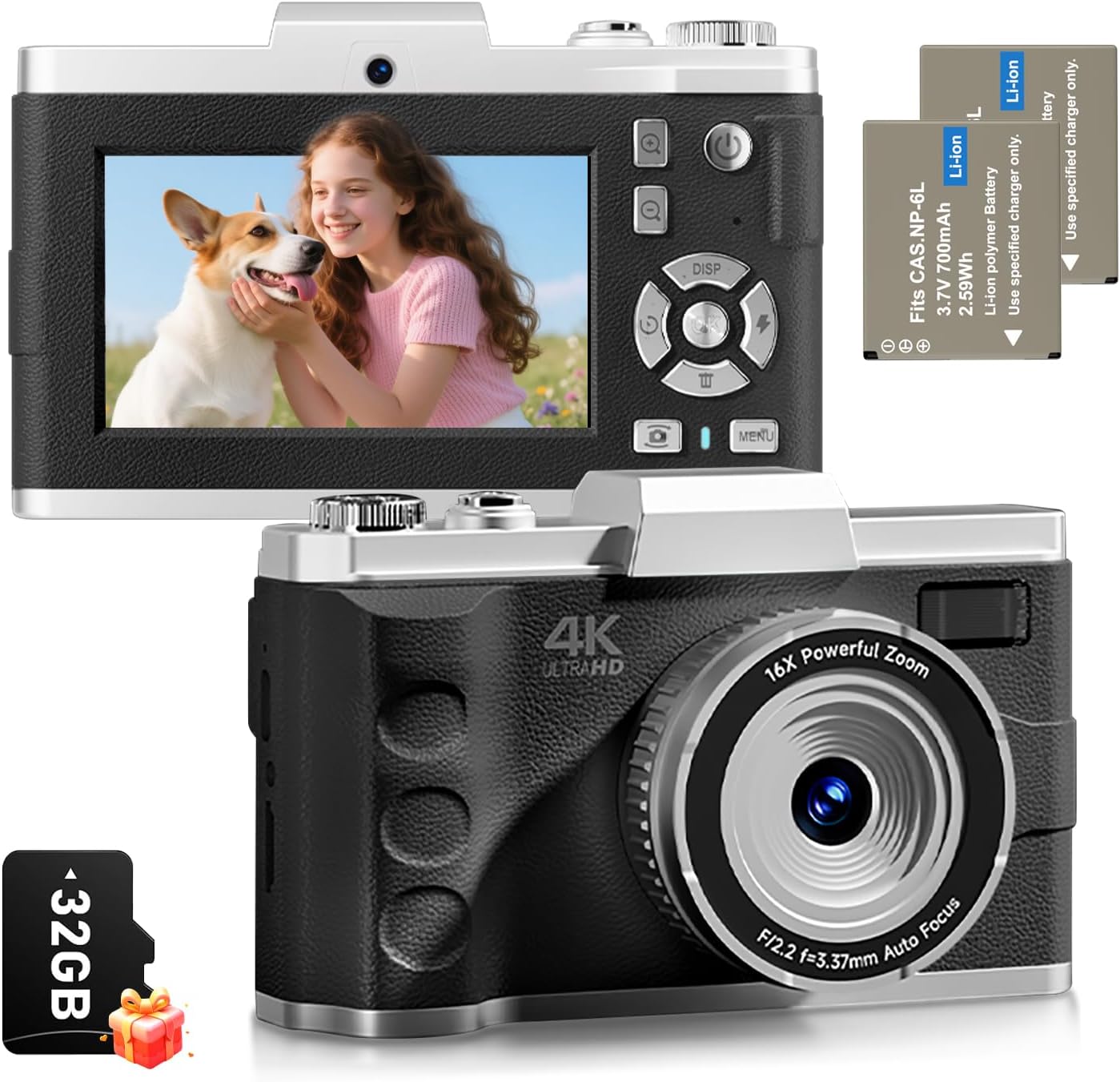 EJXHKNF 4K 64MP 16X 2 32GB Digital Camera for Photography, Autofocus Vlogging Camera for YouTube Video, Rear and Front