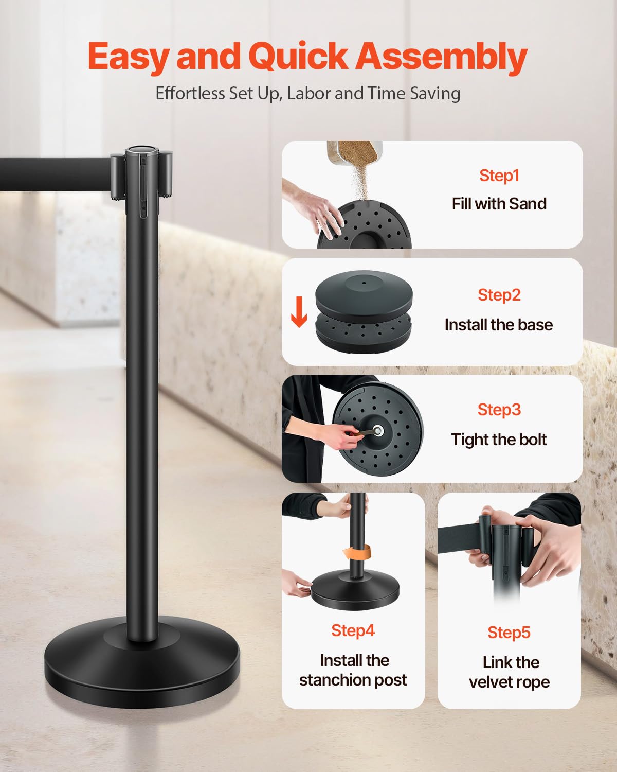 VEVOR Stanchion Post, 4 Pcs Stanchions with Retractable Belts, Carbon Steel Black Stanchions Queue with Sand Injection Hollow Base, Crowd Control Barriers for Theaters, Parties, Weddings, Exhibitions