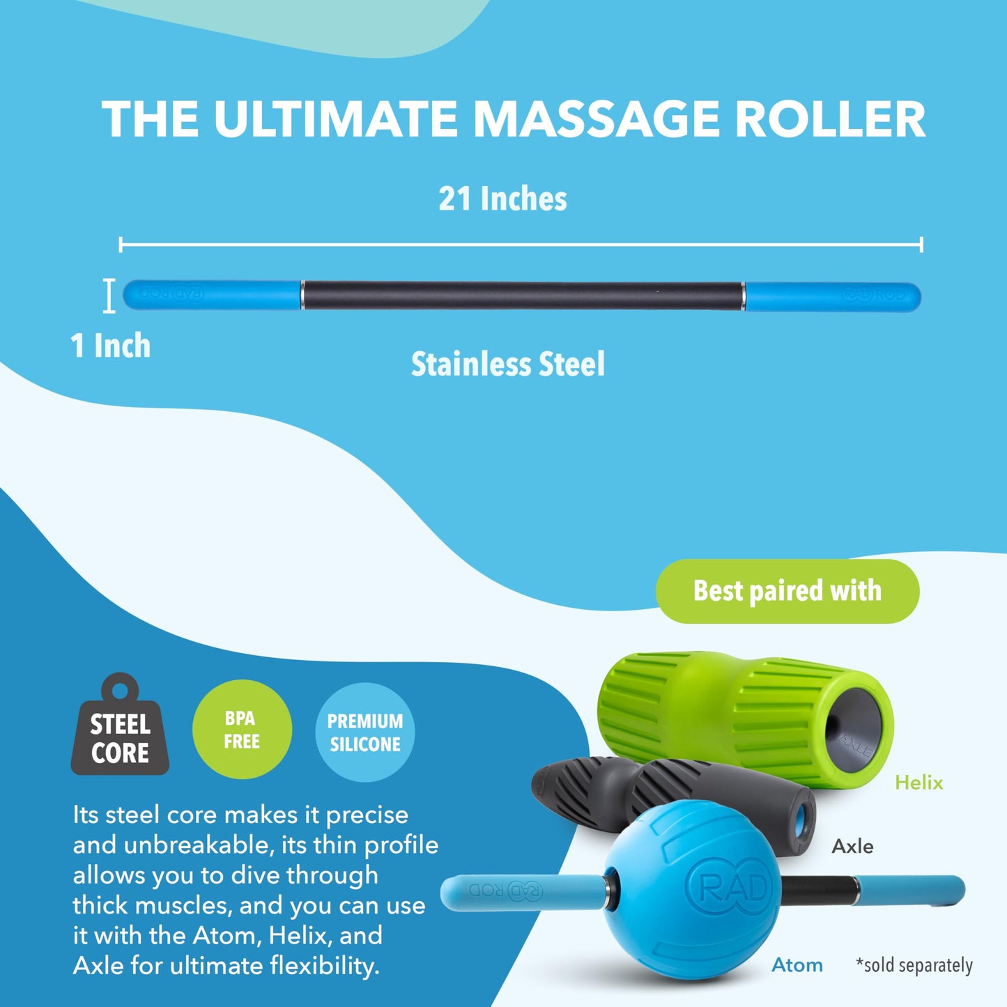 RAD Rod – Deep Tissue Massage Roller Stick – Myofascial Release Tool for Legs, Back, Neck, Arms & Shoulders – Muscle Roller for Mobility & Recovery