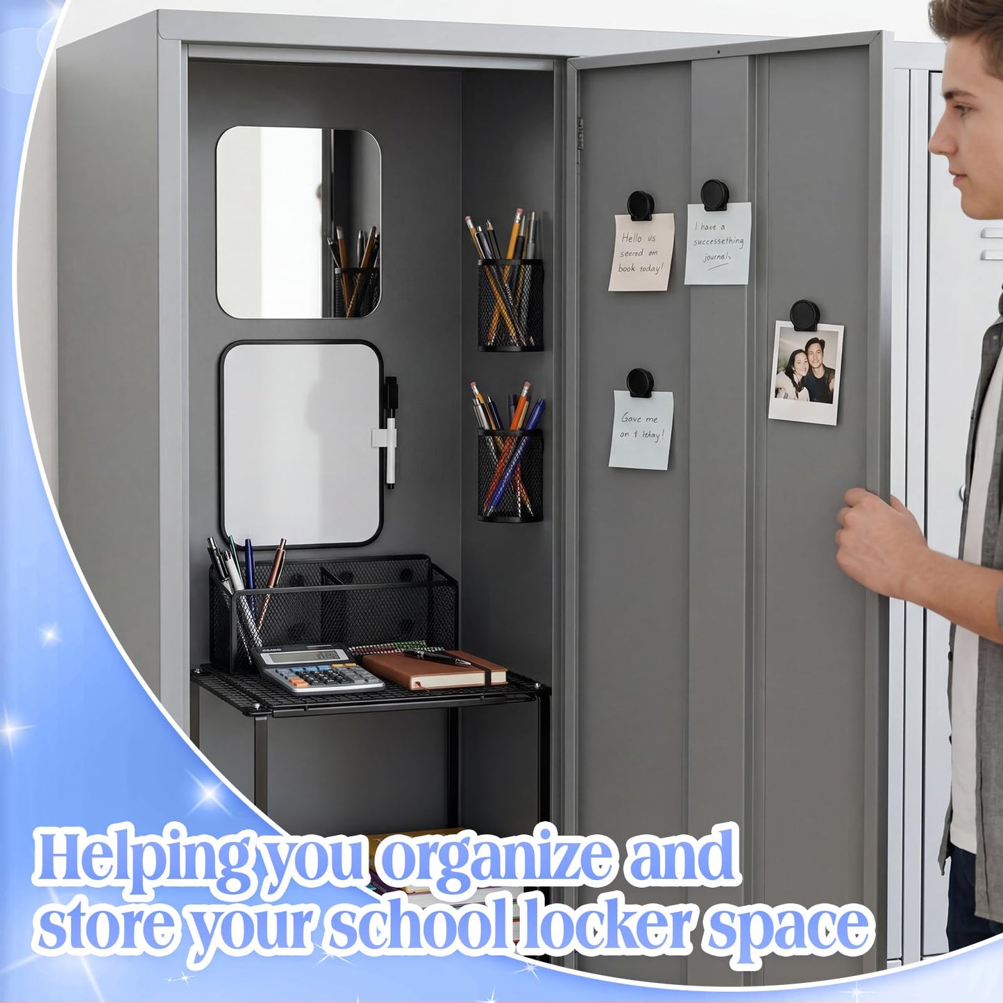Colarr Adjustable Locker Shelf Organizer Set with Magnetic Accessories, Locker Shelf Adjustable 10.6–15 Inch with Magnetic Pen Holders Whiteboard Mirror Shelves for Classroom School Lockers (Black)