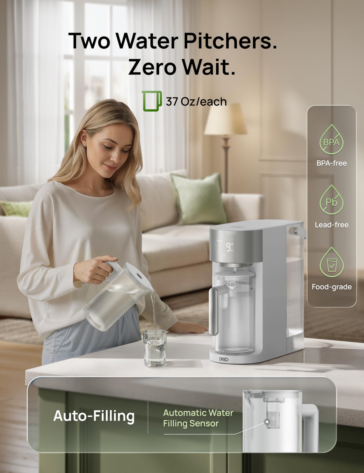 DREO Reverse Osmosis Water Filter Countertop, RO Filtration System, 3:1 Pure to Drain, TDS & Filter Life & 2 Autofill Pitchers, Install-Free, Self-Cleaning Water Purifier, RO Water Filter