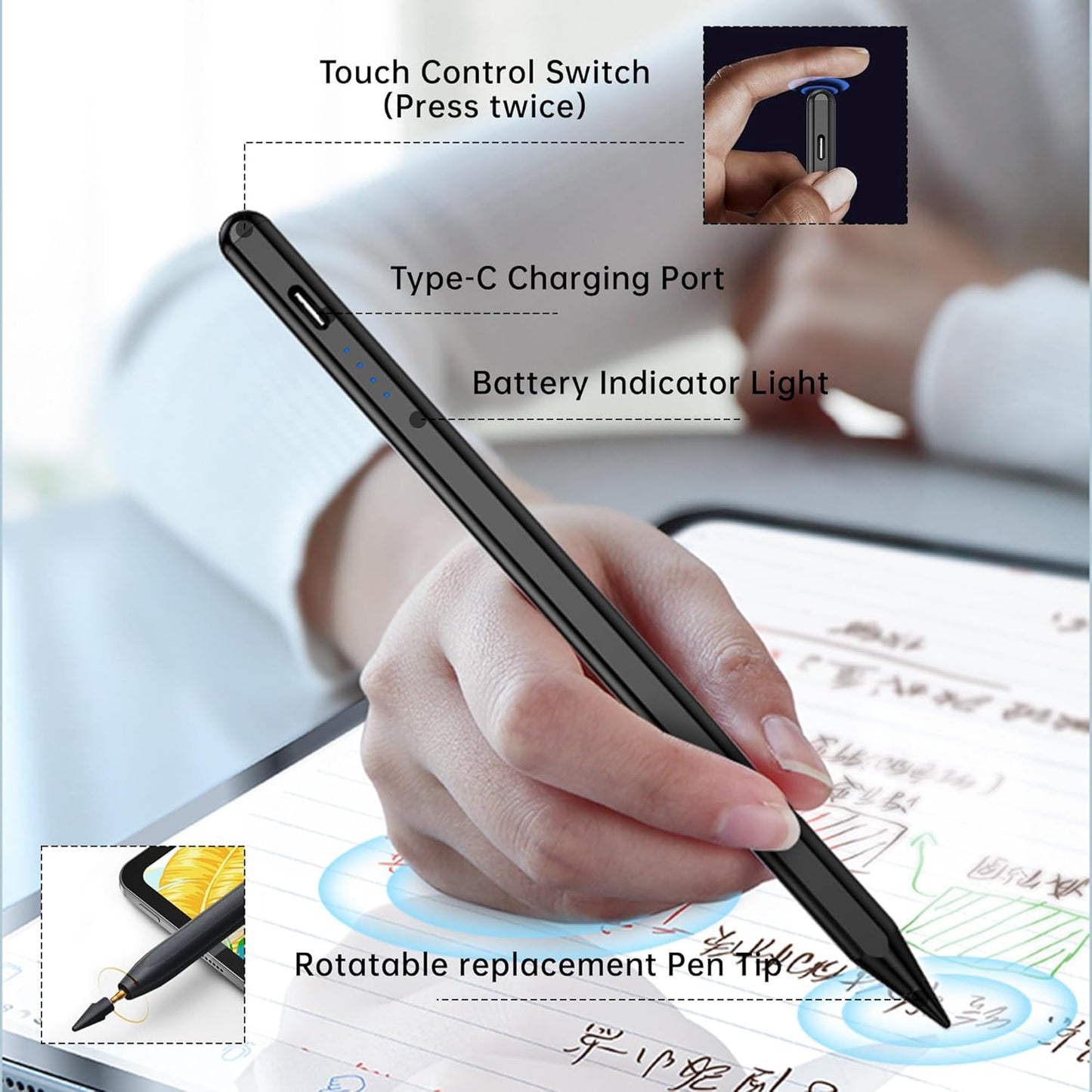 Cordv (2018-2026) 11/10/9/8/7/6th 13"/12.9"/11"/M4, 7/6/5/4/3/M3/M2, 6/5th Stylus Pen for iPad Apple Pencil with Palm