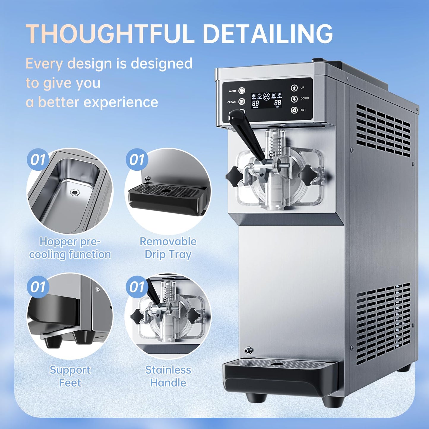 Commercial Ice Cream Maker Machine 1200W Single Flavor Soft Serve Ice Cream Machine 3.2 to 4.2 Gal/H 110V Ice Cream Machine with Pre-Cooling, Auto Clean, 6L Hopper for Restaurant Snack Bar