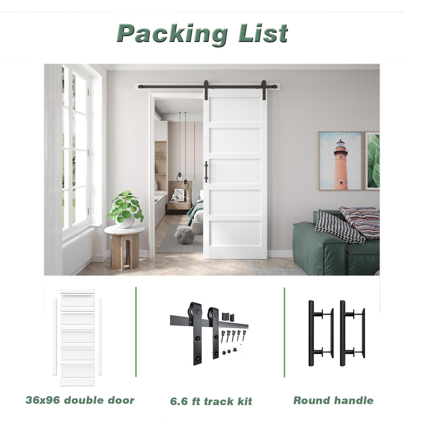 Fredbeck 36x96 inch White Barn Door with 6.6FT MDF Sliding Door Hardware Kit Included & Handle,Solid PVC Surface,DIY Assembly,5-Panel