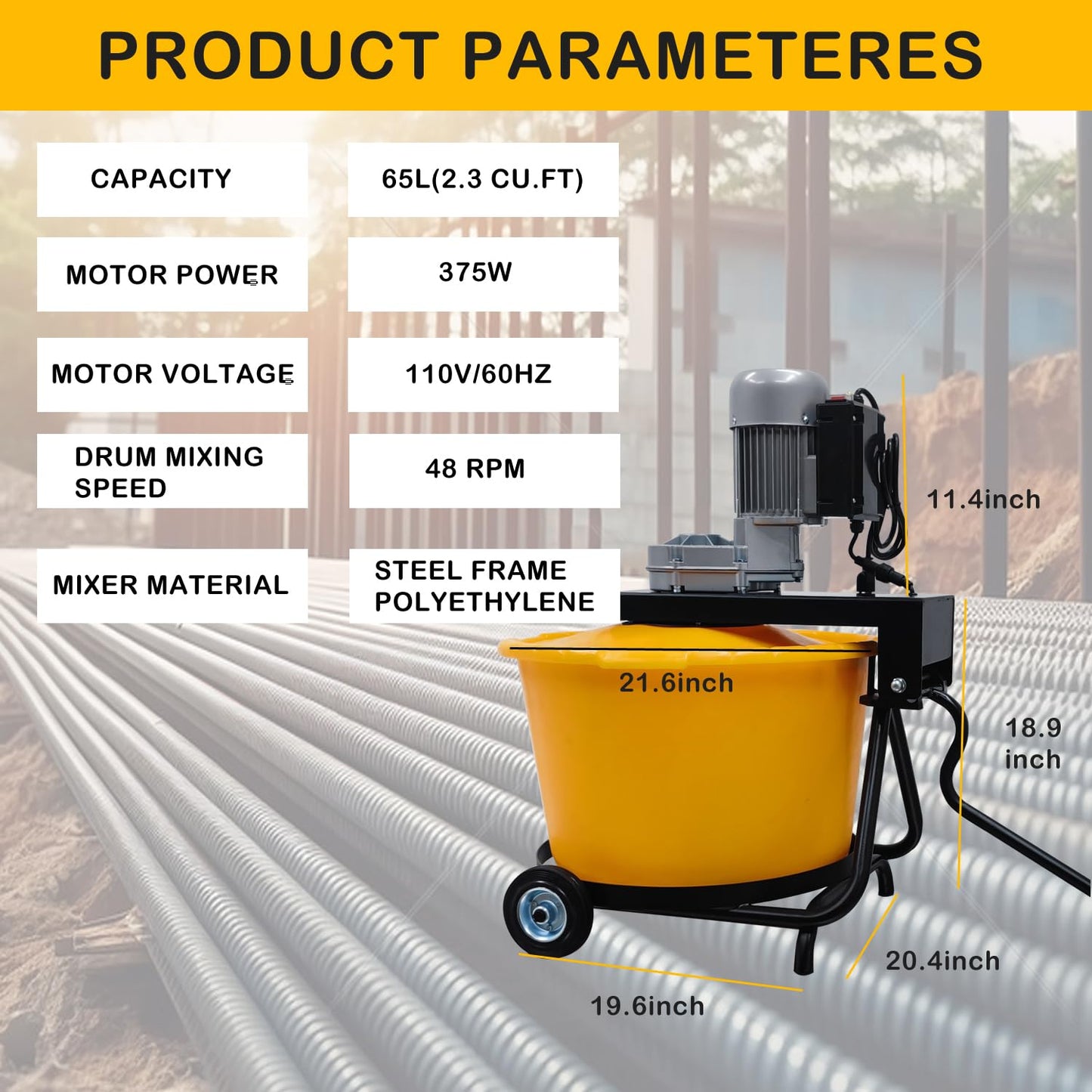 HayWHNKN 2.3 Cu.Ft Electric Concrete Mixer Flat Mouth Cement Mixing Machine Concrete Mortar Cement Mixer with Wheels for Cement Sand Rack