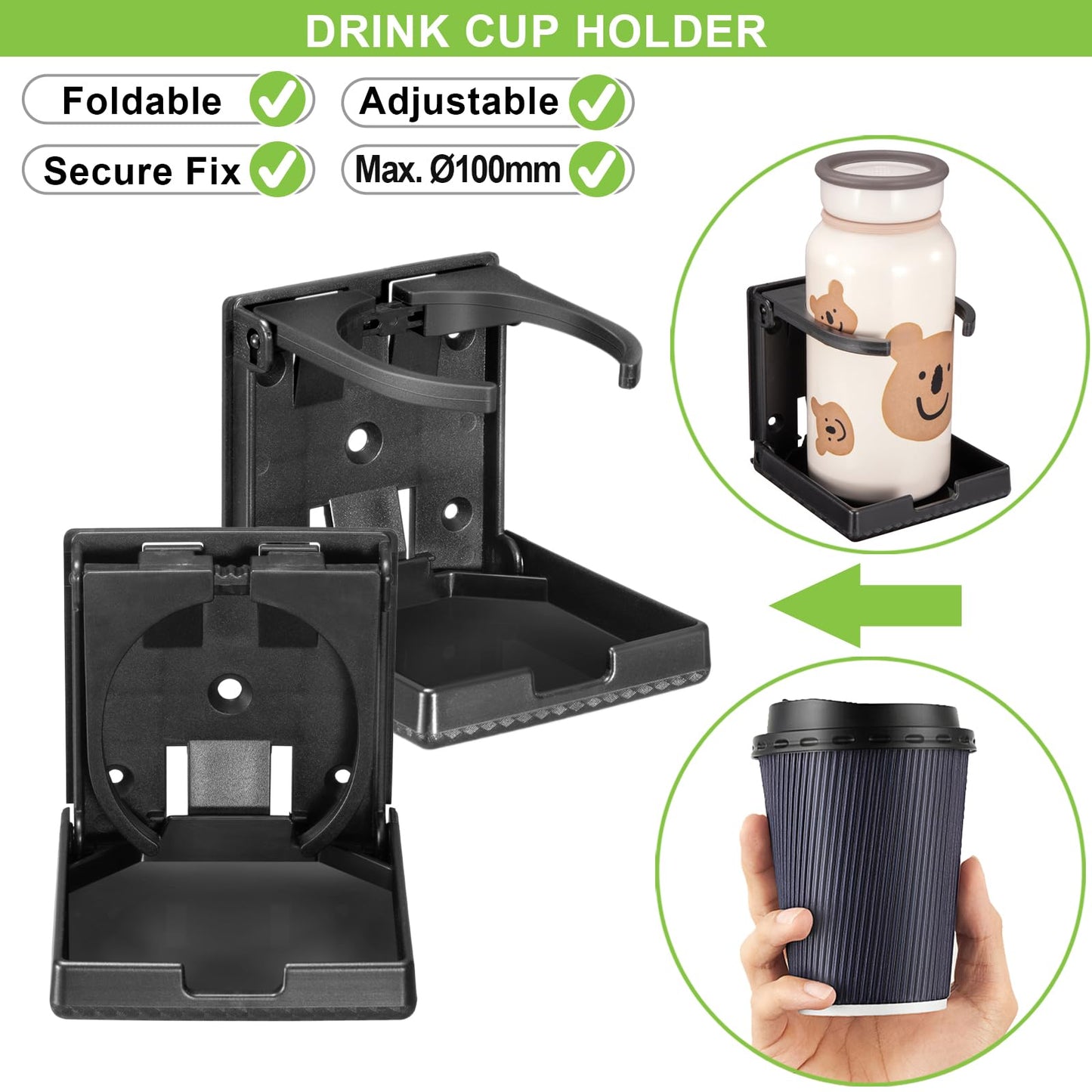 Spurtar 2pcs Boat Cup Holder Suitable for Most Size Mugs Water Bottle Drink 2.36-3.94Inch/60-100MM Adjustable Folding Wall Car Desk Cup Holder for Trucks, RVs, Vans, Boats, Campers, Caravans