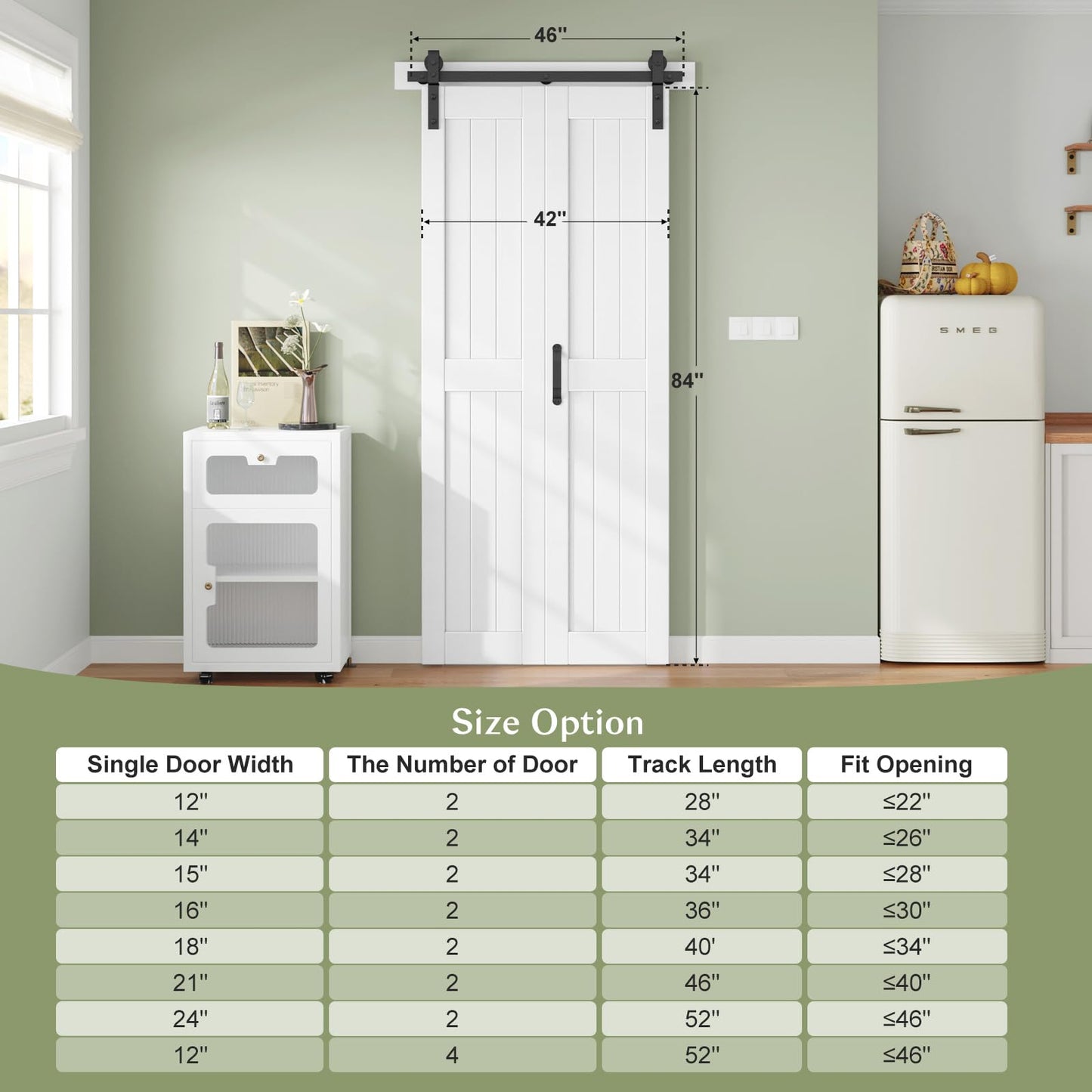 Finosen Bifold Barn Door 42 x 84 in (Double 21 inch)，Bi-fold Sliding Closet Doors with Hardware Track kit Included, 3.8ft Rail for 2 Doors, MDF Wood Panel,PVC Surface, Save Space,DIY Assembly, White