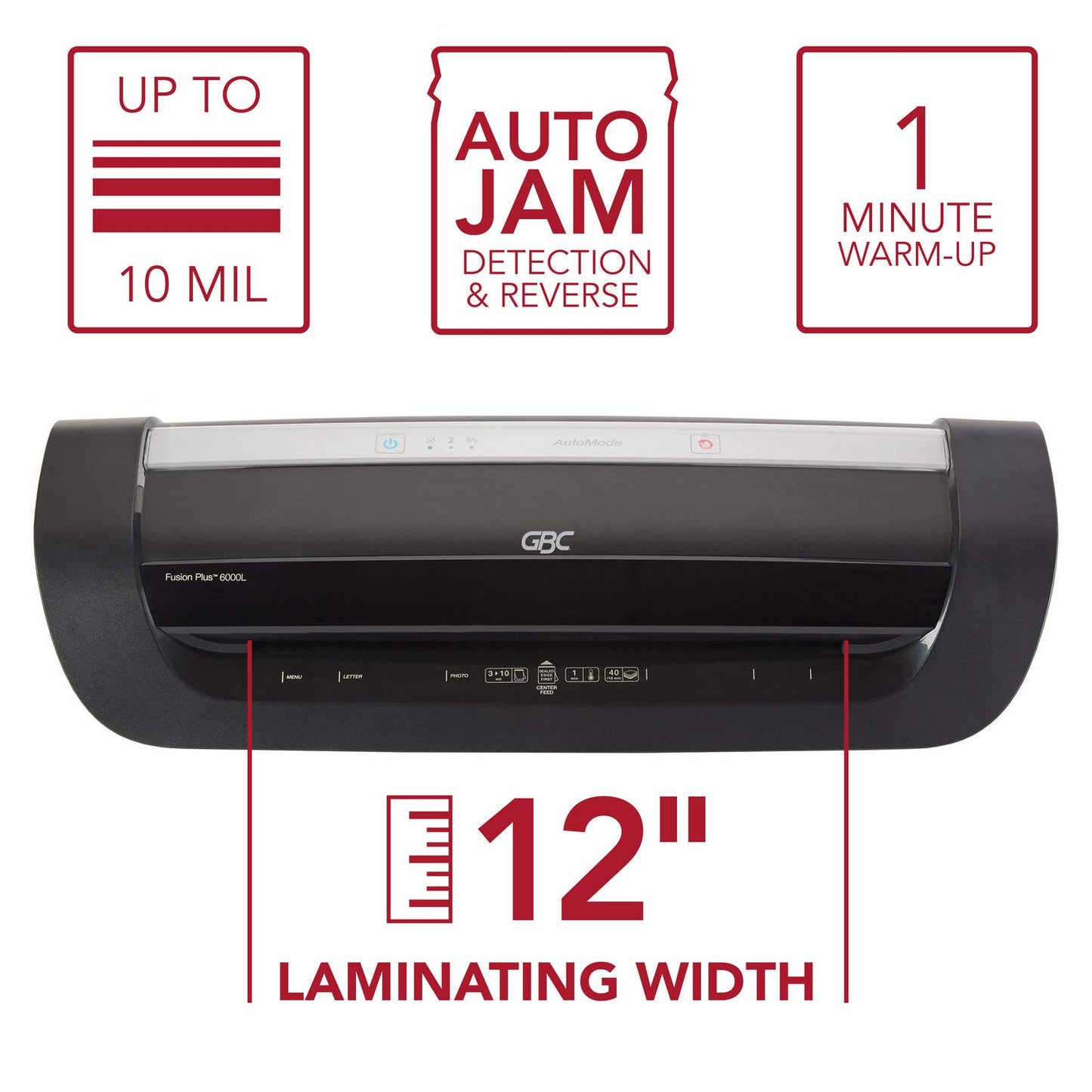GBC Thermal Laminator Machine, Fusion 6000L, 12 Inch, 1 Min Warm-Up, 3-10 Mil, with 50 EZUse Laminating Pouches for Home, Office and Classroom, Black (1703097)