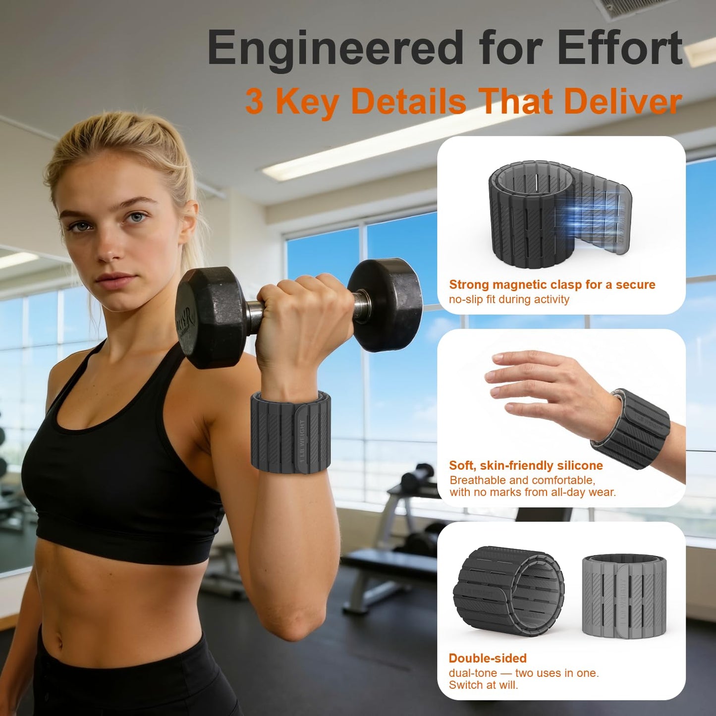 SE7EN Ankle Weights for Women & Men, Silicone Magnetic Wirst & Leg Weights for Pilates, Yoga, Pool, Gym, Set of 2 Weights (1 lb Each) | Black & Gray